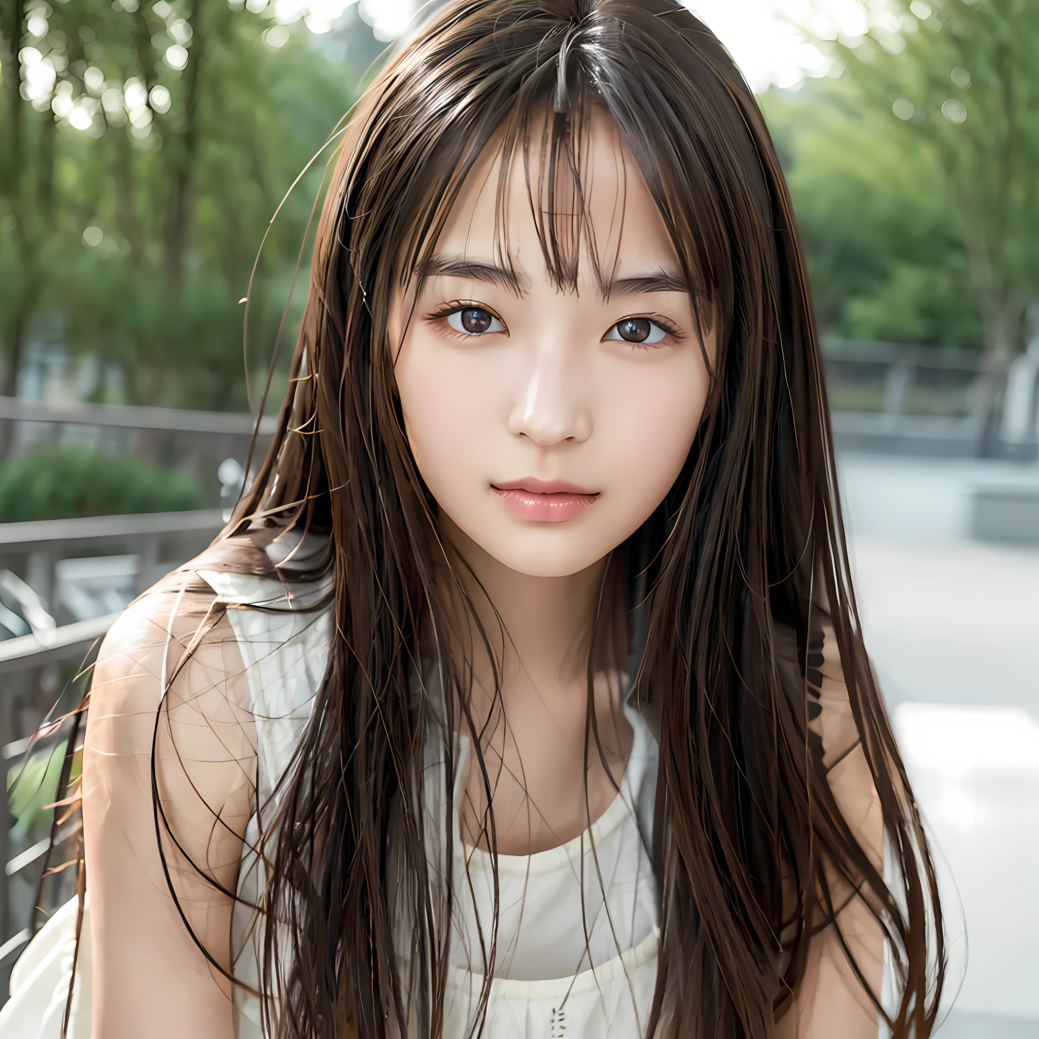 Long hair: top quality, best image quality, masterpiece, 1 girl, brown hair, brown eyes, clear skin, well-formed face, detailed face, straight long hair, white simple camisole, outdoors, park