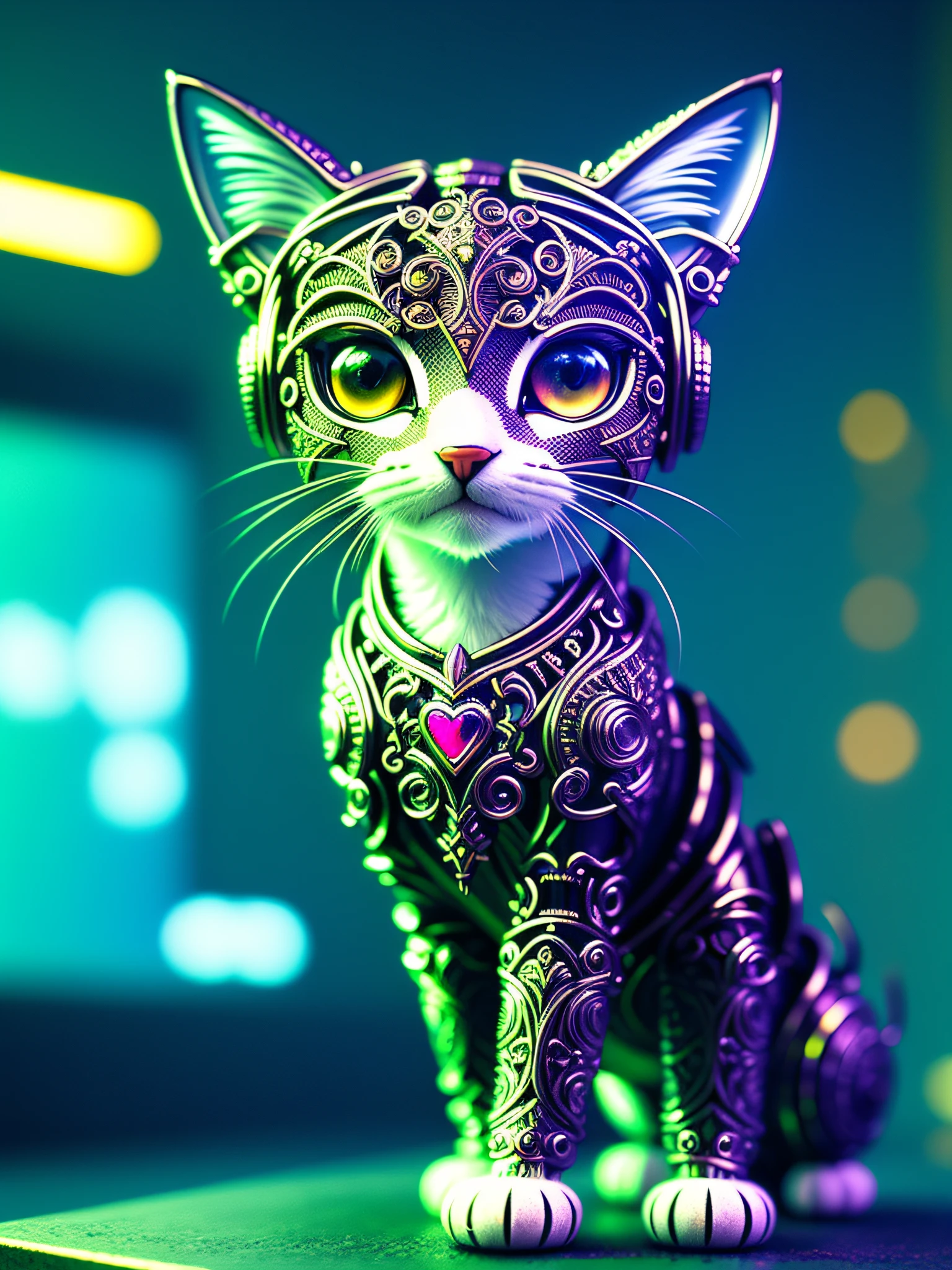 A cute kitten made of metal, cyberpunk style, ((intricate details)), HDR, ((intricate details, super detailed)), cinematic shots, vignettes,