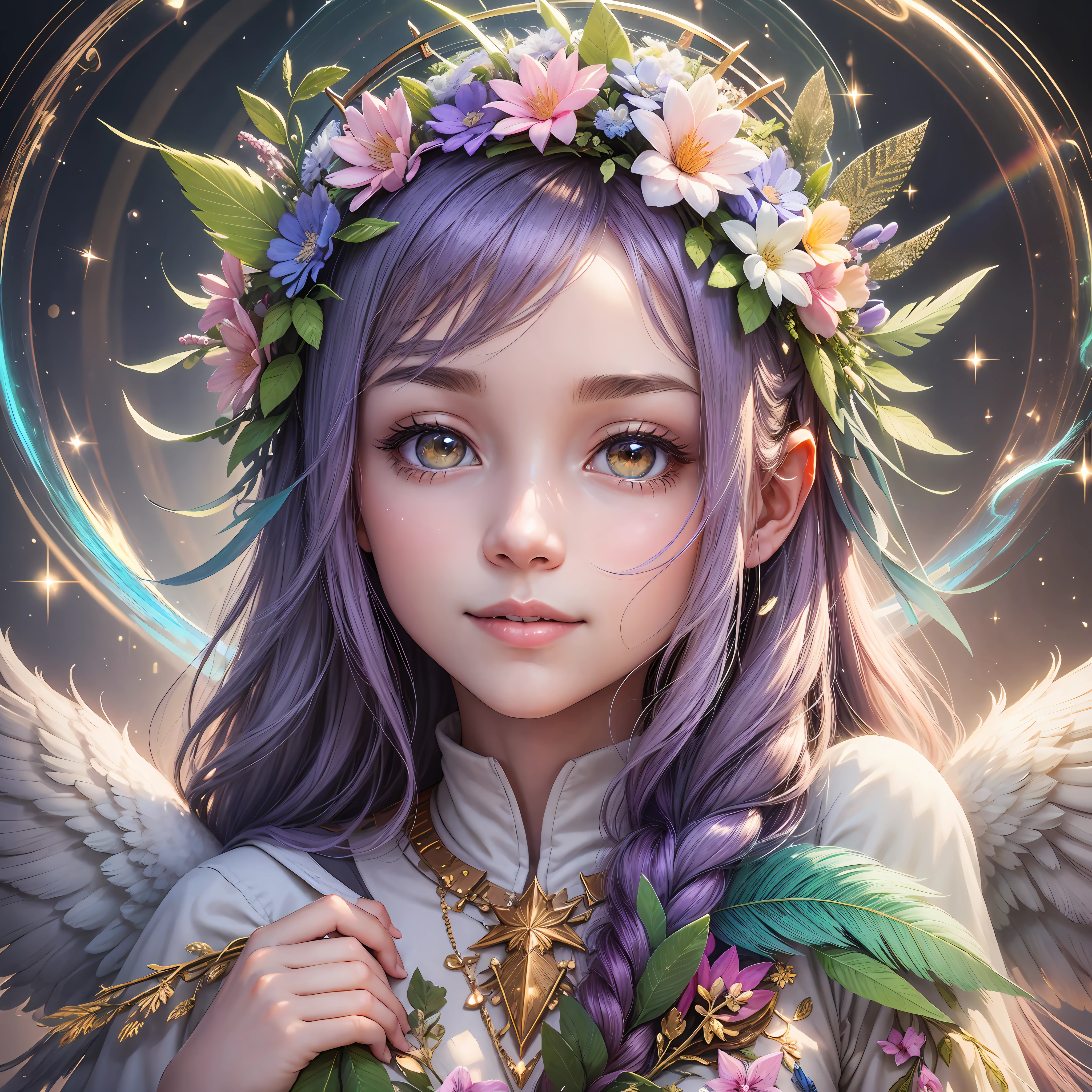 with angels, relief, soft smile, glowing forest, mysterious, spring, light, halo, feathers, joy, lassen, healthy, glitter, rainbow