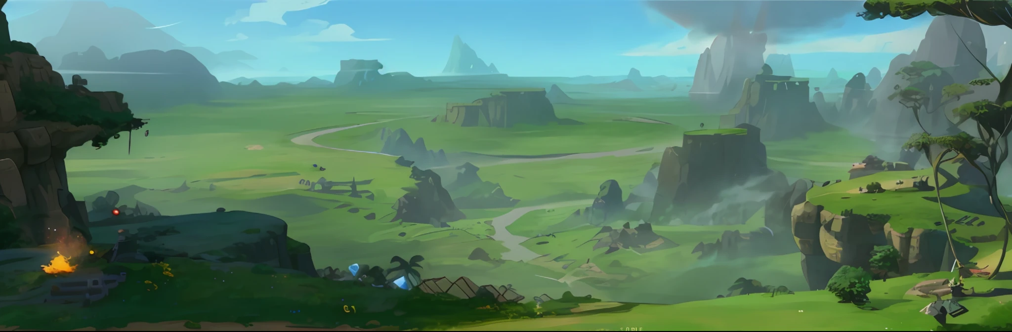 Cartoon scenes, background air battles, background battlefields, DOTA! matte painting concept art, war landscape, background artwork, distant village background, battlefield scene, matte painting mysterious dota pixar, dota matte painting concept art, battlefield background, landscape game concept art, magical battlefield background, sky occupies most of it, clouds in the sky, game scene, background, The croods, dreamworks animation, background image of game characters, flat ground, open area, natural environment, high quality background image, wide angle photography, fantasy plants, cartoon style, tropical plants, horizontal composition, bright, super high resolution, super high quality, clear details, forest, game scene map