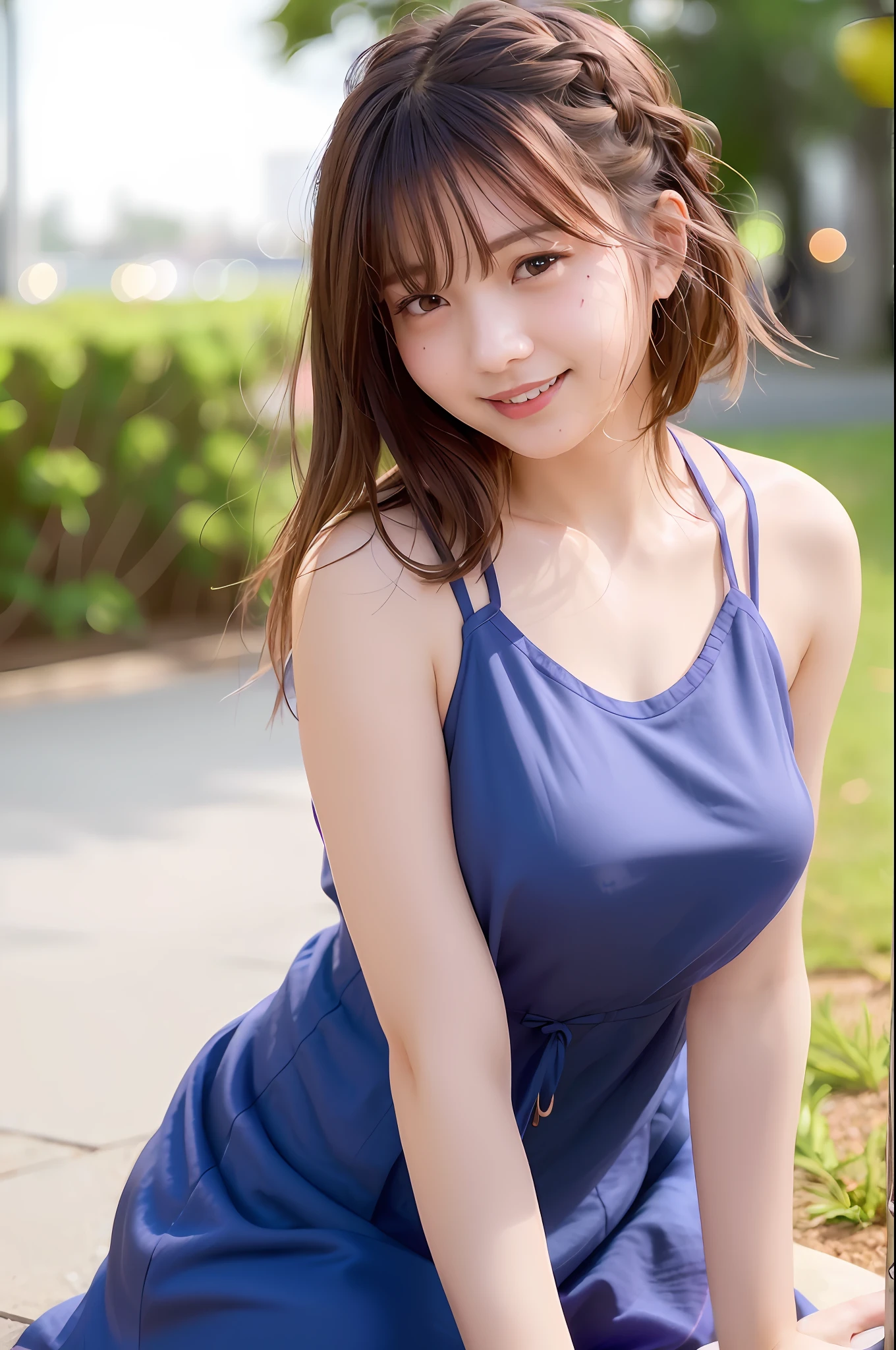 (skin spots: 1.2), (skin dentation), Black eyes, 1 female, 25 years old, ((((Female))), Solo, Real, Best Quality, Photorealistic, Masterpiece, 8K, High Resolution, Solo, Very Detailed Face, (Professional Lighting, Bokeh), (Light Particle, Lens Flare, Luminous Particle: 0.6), (Dynamic Pause: 1.2), Soft Lighting, Top Angle View, fashionable and trendy, Japan, street, urban, Tokyo, Minato, (daytime)), sky, ((see viewer:1)), (look at the camera), (portrait: 0.6), gorgeous, standing, keep the original facial proportions, wide shoulders, full body, (huge chest), (short hair), brown hair, floating hair, lips, lipstick, seductive smile, floating hair, braided hair, smile, open_ mouth, teeth, ((((Cami dress))), eyelashes, moles, (moles under the eyes: 1),