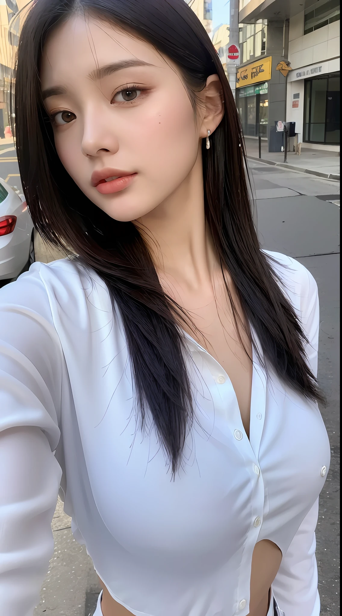 ((Best Quality, 8K, Masterpiece: 1.3)), Sharp: 1.2, Perfect Body Beauty: 1.4, Slim Abs: 1.2, ((Layered Hairstyle, Big Breasts: 1.2)), (Wet White Button Long Shirt: 1.1), (Rain, Street: 1.2), Wet: 1.5, Highly detailed face and skin texture, detailed eyes, double eyelids, side face looking at the camera