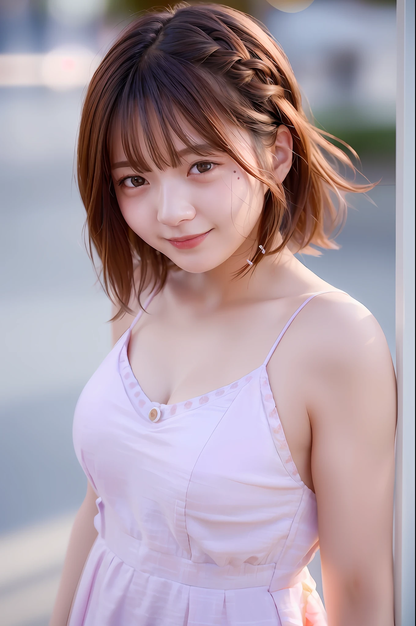 (skin spots: 1.2), (skin dentation), Black eyes, 1 female, 25 years old, ((((Female))), Solo, Real, Best Quality, Photorealistic, Masterpiece, 8K, High Resolution, Solo, Very Detailed Face, (Professional Lighting, Bokeh), (Light Particle, Lens Flare, Luminous Particle: 0.6), (Dynamic Pause: 1.2), Soft Lighting, Top Angle View, fashionable and trendy, Japan, street, urban, Tokyo, Minato, (daytime)), sky, ((see viewer:1)), (look at the camera), (portrait: 0.6), gorgeous, standing, keep the original facial proportions, wide shoulders, full body, (huge chest), (short hair), brown hair, floating hair, lips, lipstick, seductive smile, floating hair, braided hair, smile, open_ mouth, teeth, ((((Cami dress))), eyelashes, moles, (moles under the eyes: 1),