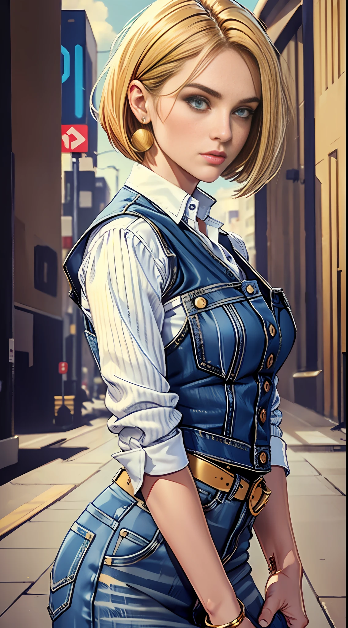 20-year-old woman, (android_18), (perfect face), well-defined chin, beautiful lips, (short gold straight Bob haircut), (beautiful bright blue eyes), (perfect anatomy), sports body, (sexy), (perfect hands), (hands on waist), small simple gold earrings, (blue denim vest without buttons under black shirt), (long white striped sleeves), (denim skirt), (black pants), (medium shot photo), (country background), realistic