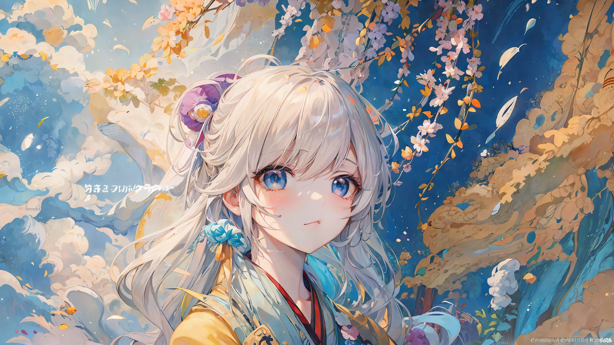 anime girl with long white hair and blue eyes in a yellow dress, beautiful anime portrait, detailed portrait of anime girl, guweiz on pixiv artstation, beautiful anime artwork, anime style 4 k, anime art wallpaper 4k, anime art wallpaper 4 k, anime art wallpaper 8 k, detailed digital anime art, guweiz on artstation pixiv