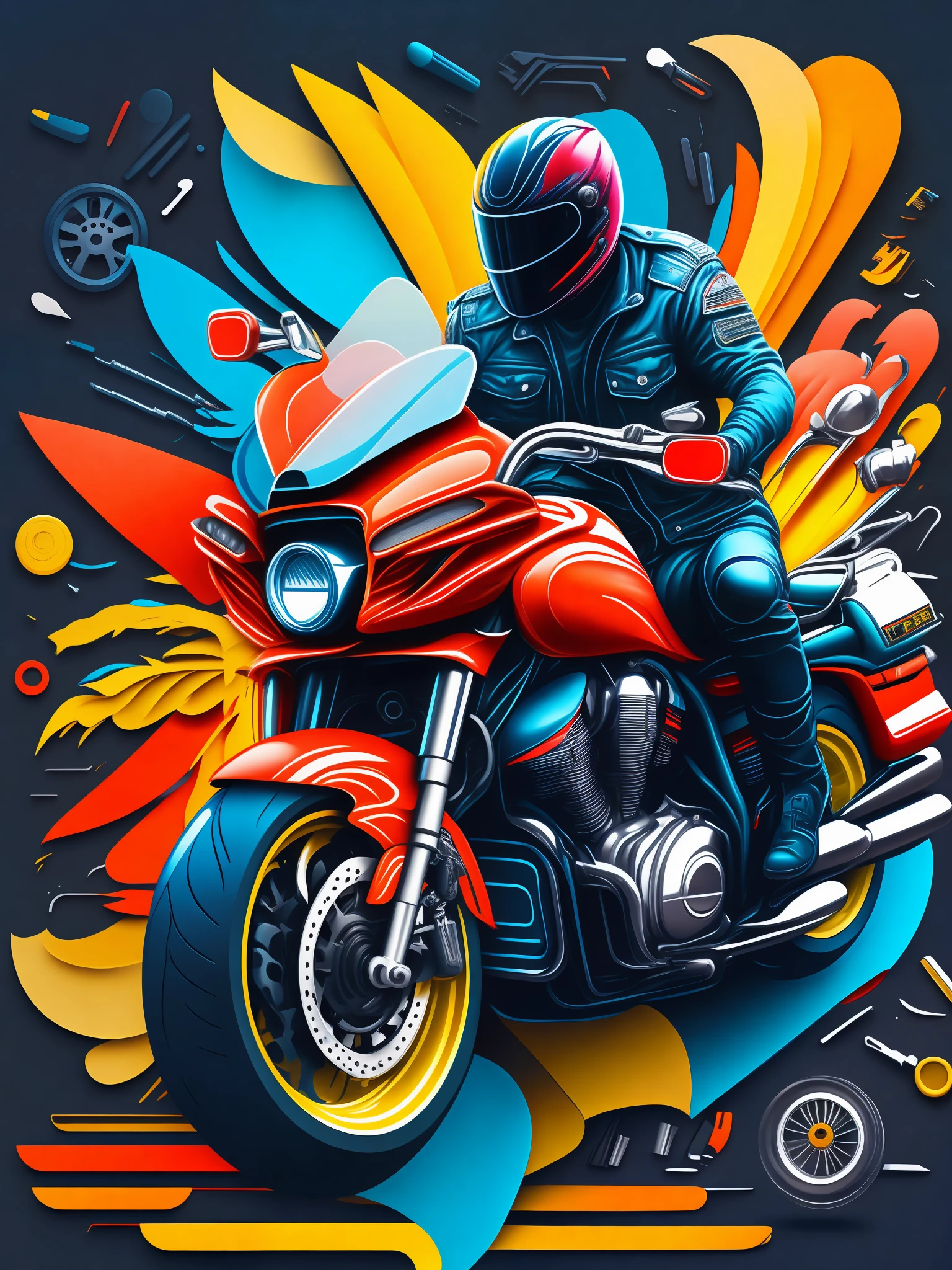 the colorful abstract of motorcycle, garage items background, (colorful,high detailed,vector-art)