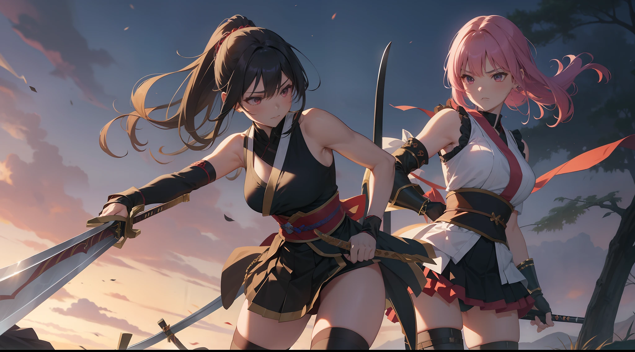 Full body shot from head to feet. A scene depicting a deadly duel between two swordswomen character from Valkyrie Drive Bhikkhuni, Mana versus Koharu. Mana slash her sword to Koharu. Koharu takes a lethal blow and succumbs to her injuries. Mana and Koharu have different long loose hairstyle. Mana wear sleeveless kimono, obi tied on the back hip, black long gloves, medium skirt, and black thigh highs. Koharu wear sleeveless kimono, obi tied on the back hip, black long gloves, medium skirt, and black thigh highs. Background set on lush forest, with no effect.