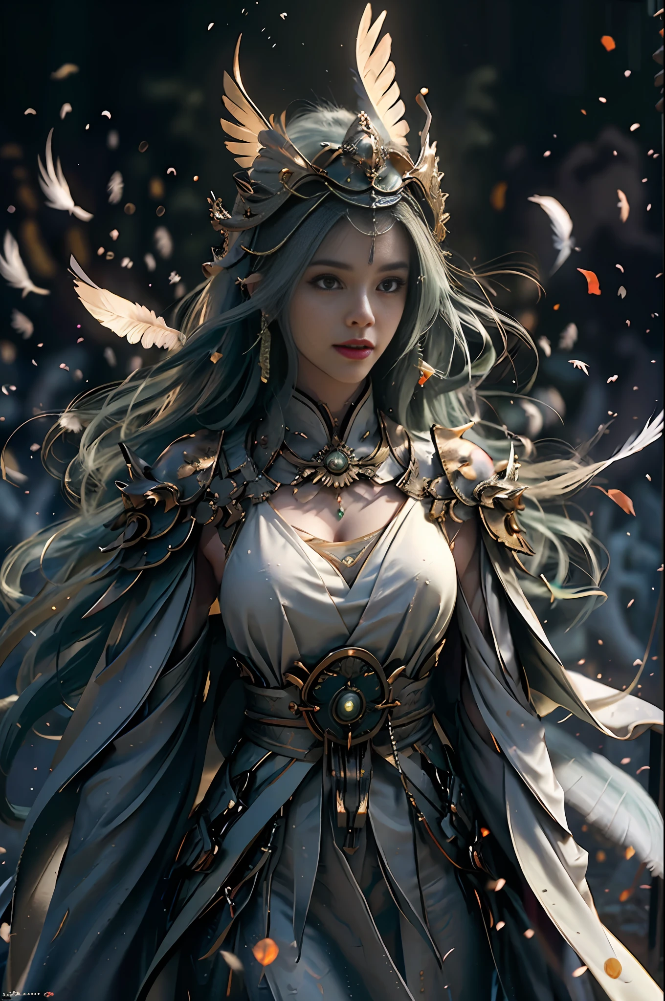 (RAW Photo, Best Quality), (Realistic, Photorealistic Photo: 1.3), Best Quality, Highly Detailed, Masterpiece, Hyper Detail, Illustration, 1 Girl, Big Eyes, Smile, Green Hair, Green Wedding Dress, Feather Headgear, Wielding a Big Sword, upper_body, Dynamic Angle, World Mastery Theater, Flying Long Hair, Fluores cent green, Dynamic fire inbackground, best quality, extremely detailed CG unified 8k wallpaper, ink, amazing, cinematic lighting, lens_flare, wuxia_style