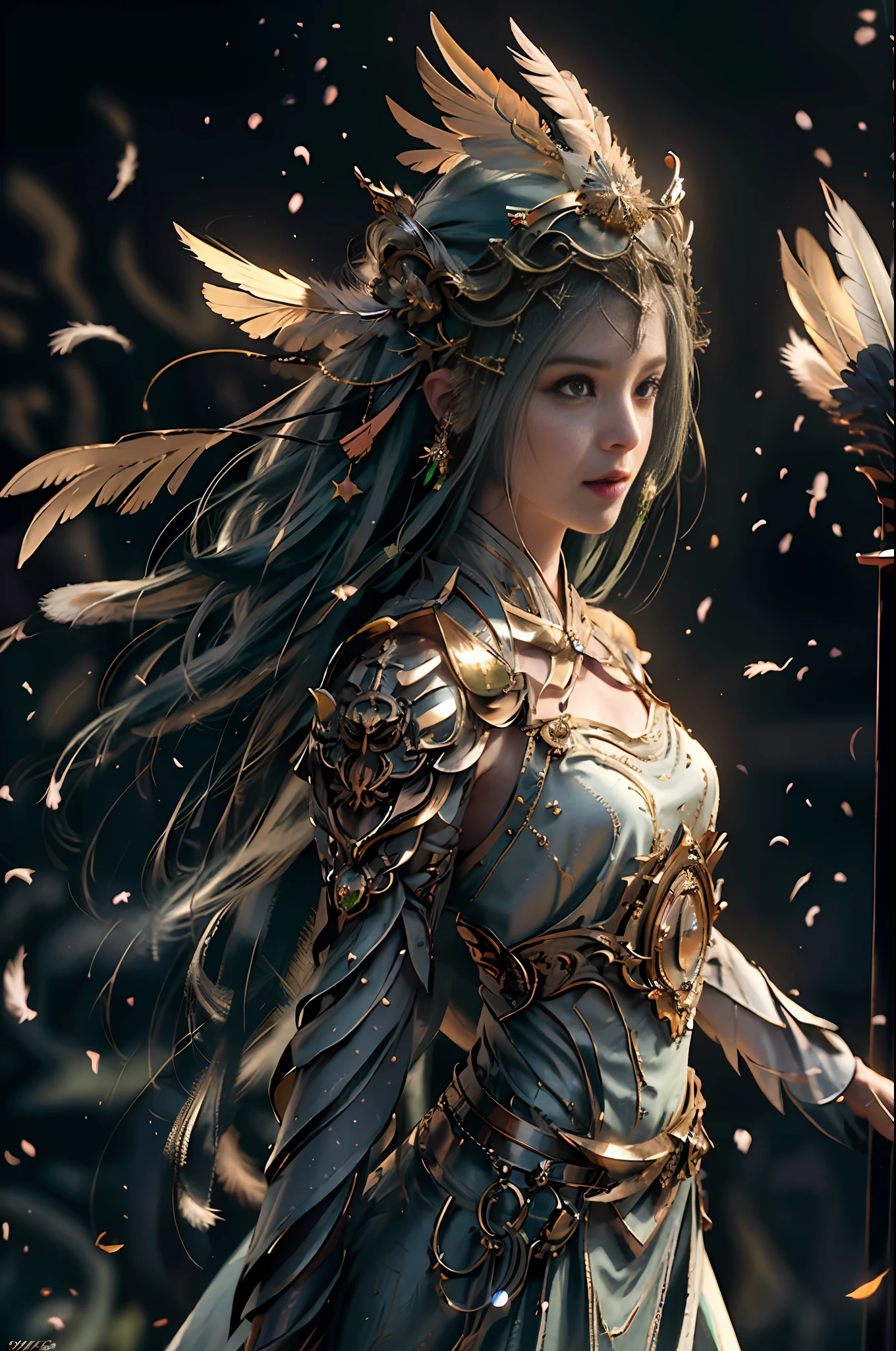 (RAW Photo, Best Quality), (Realistic, Photorealistic Photo: 1.3), Best Quality, Highly Detailed, Masterpiece, Hyper Detail, Illustration, 1 Girl, Big Eyes, Smile, Green Hair, Green Wedding Dress, Feather Headgear, Wielding a Big Sword, upper_body, Dynamic Angle, World Mastery Theater, Flying Long Hair, Fluores cent green, Dynamic fire inbackground, best quality, extremely detailed CG unified 8k wallpaper, ink, amazing, cinematic lighting, lens_flare, wuxia_style