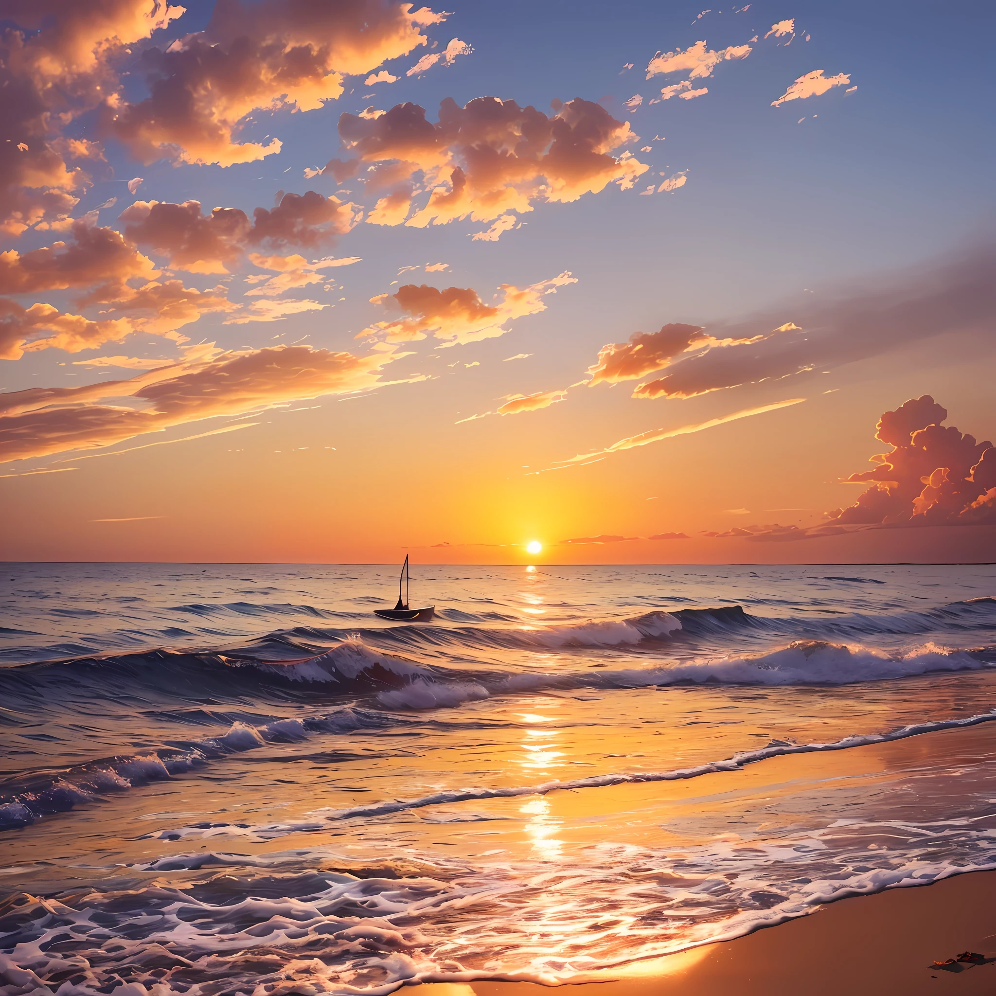 An absolutely mesmerizing sunset on the beach with a mix of orange, pink and yellow in the sky. The water is crystal clear, gently kissing the shore, and a beautiful woman in white swimsuit is lying on the beach basking in the sun, and the beach is endless. The scene is dynamic and breathtaking, with seagulls soaring high in the sky and palm trees gently swaying. Soak up the calming atmosphere and let tranquility envelop you.