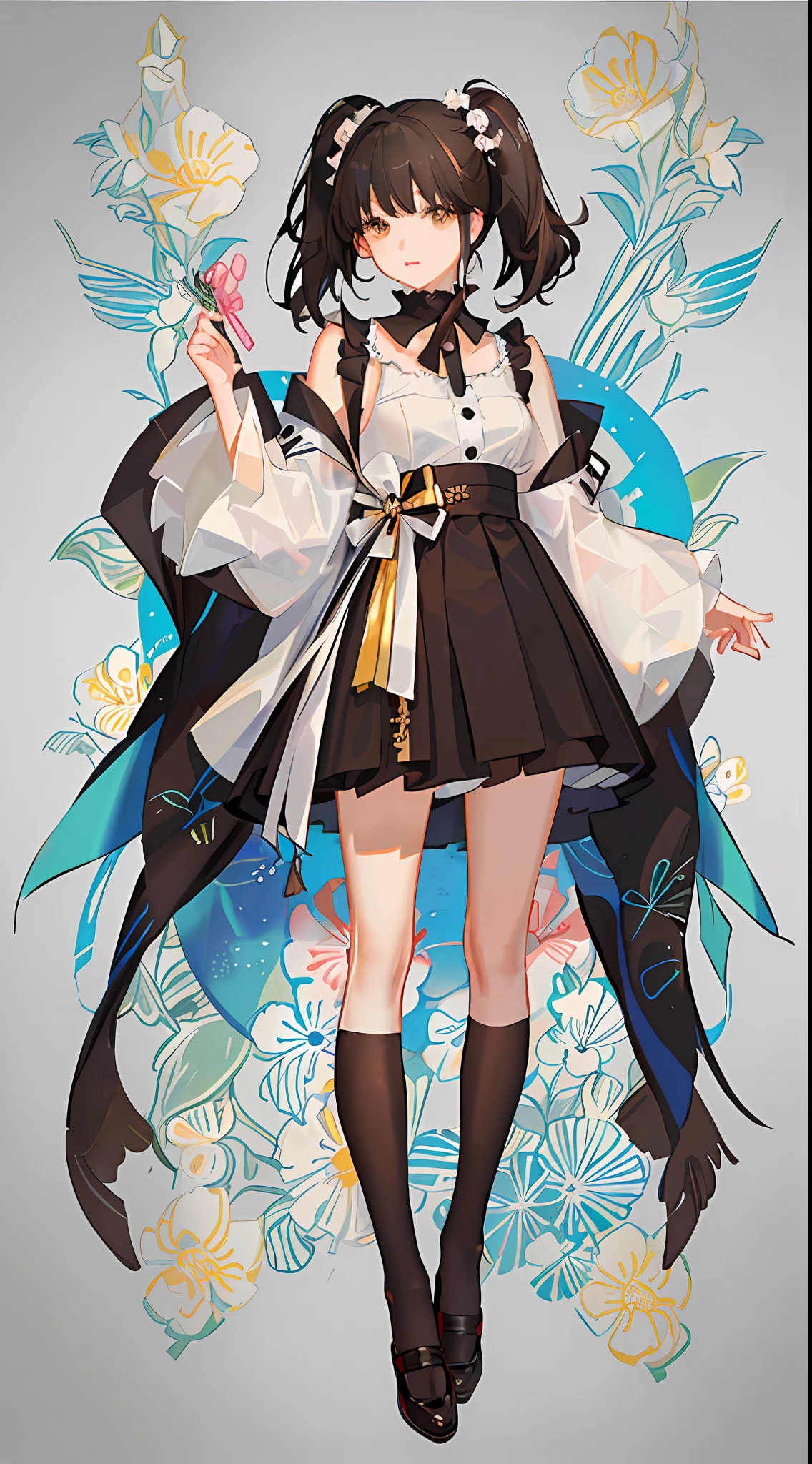 girl,full body,(face detail:1.2),net background,masterpiece,fashion,tokyo,harajuku,,medium hair,black hair,twin tails,blunt bangs,brown eyes,
