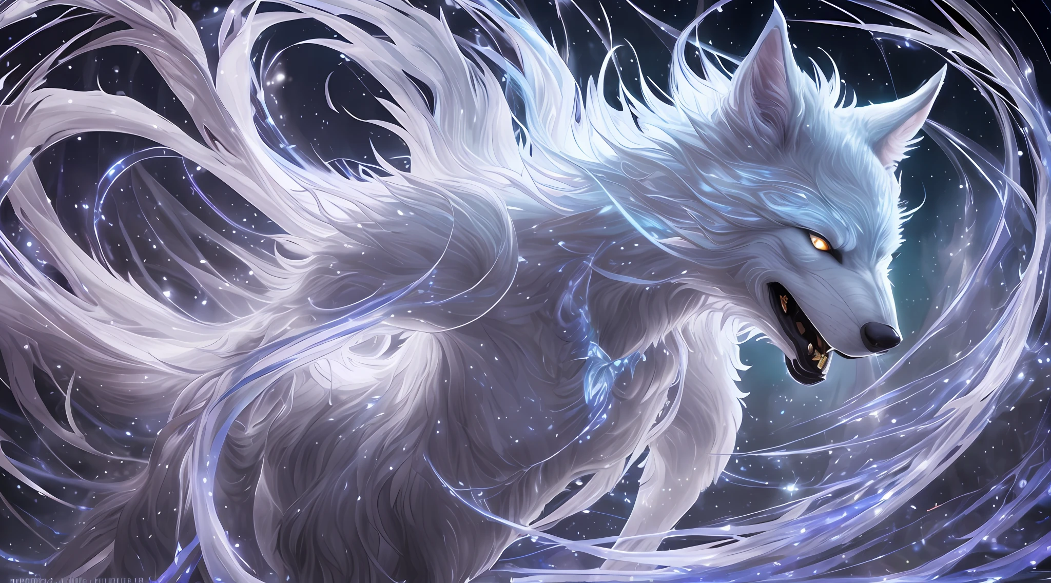 A mystical white quadruped werewolf, impressive 2 meters tall, its coat dense and shimmering with radiant bands of light. His eyes sparkle with a mesmerizing glow, captivating all who behold them His body is surrounded by multiple ethereal ribbons of light, swirling and dancing around his form, enhancing his otherworldly, dark, --auto --s2