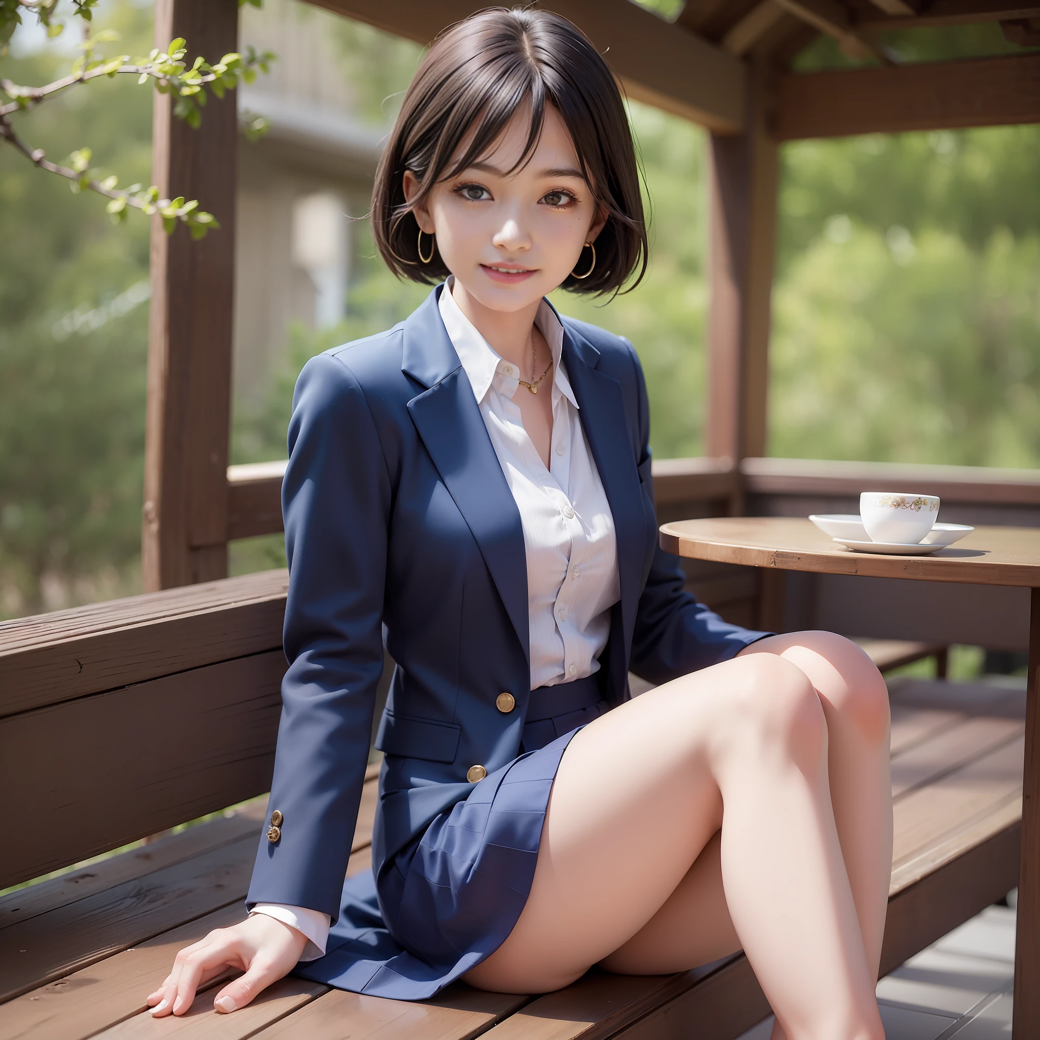8K UHD, DSLR, Complete Anatomy, (Best Quality: 1.3), (Masterpiece: 1.1), High Resolution, Cinematic Light, Intricate Detail, (Photorealistic), Outside, Beautiful Outside, Sunny, Best Realistic, Japan Person, One Girl, , Clavicle (B Cup), (Cafe: 1.5), Dimples, Bob Cut Hair, View Viewer, Detailed Tree, Ribbonsitting, blazer uniform, pencil skirt, headrest, slightly open legs, indoor, earrings, navy blue high socks, loafers, (smile), slender (full body: 1.6),
