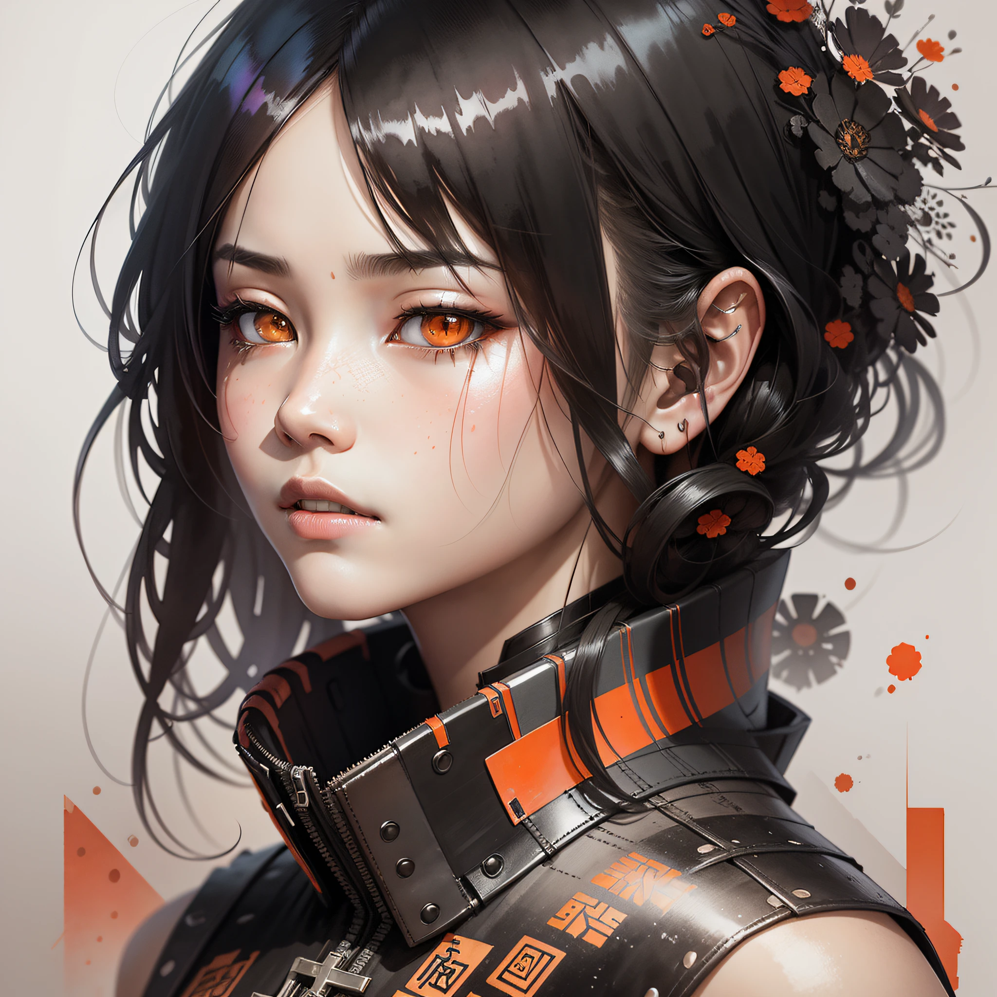 MeiyuCipher 1girl portrait in the Orange Spike Halo movement, Damaged Chinese clothes, Floating debris, Trends on ArtStation, Sharp focus, Intricate details, Very Detailed, Detailed face (ink and watercolor, Stroke, Russ Mills and Yoji Shinkawa) at its best, ridiculous, (negative space) --auto --s2