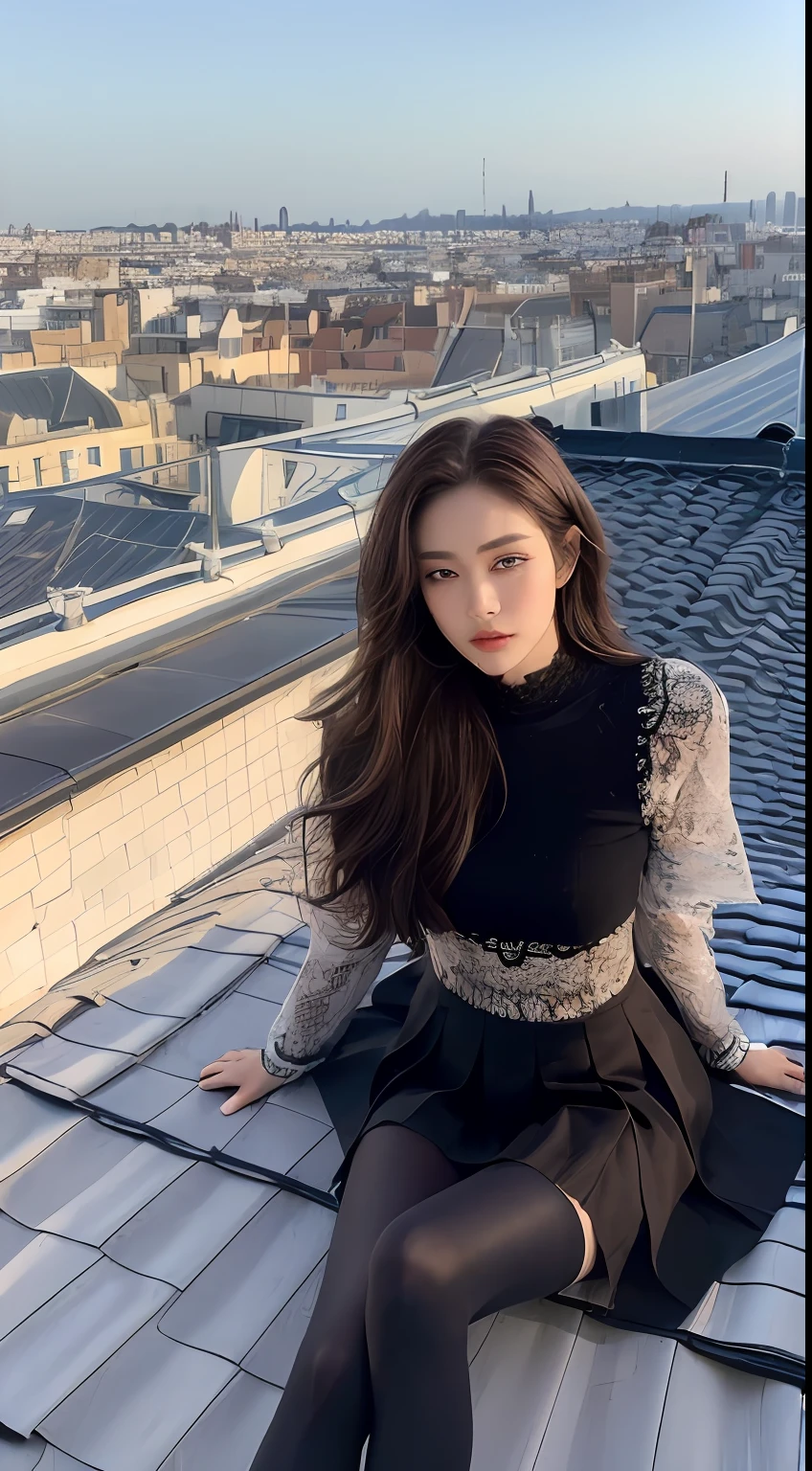 (((Midnight, Premium, 8K, Masterpiece: 1.3)), Full Body, Long Legs, Focal Length: 1.1, (Perfect Body Beauty: 1.4), Slim Abs: 1.1, (((Dark Brown Hair, Big: 1.1)), (Tights: 1.1, Lace Pleated Skirt: 1.1), (((City View, Roof: 1.3)), High Detail Face and Skin Texture, Detail Eyes, Double Eyelids