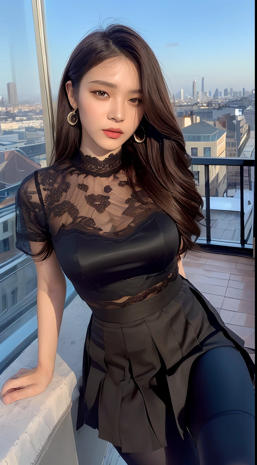 (((Midnight, Premium, 8K, Masterpiece: 1.3)), Full Body, Long Legs, Focal Length: 1.1, (Perfect Body Beauty: 1.4), Slim Abs: 1.1, (((Dark Brown Hair, Big: 1.1)), (Tights: 1.1, Lace Pleated Skirt: 1.1), (((City View, Roof: 1.3)), High Detail Face and Skin Texture, Detail Eyes, Double Eyelids