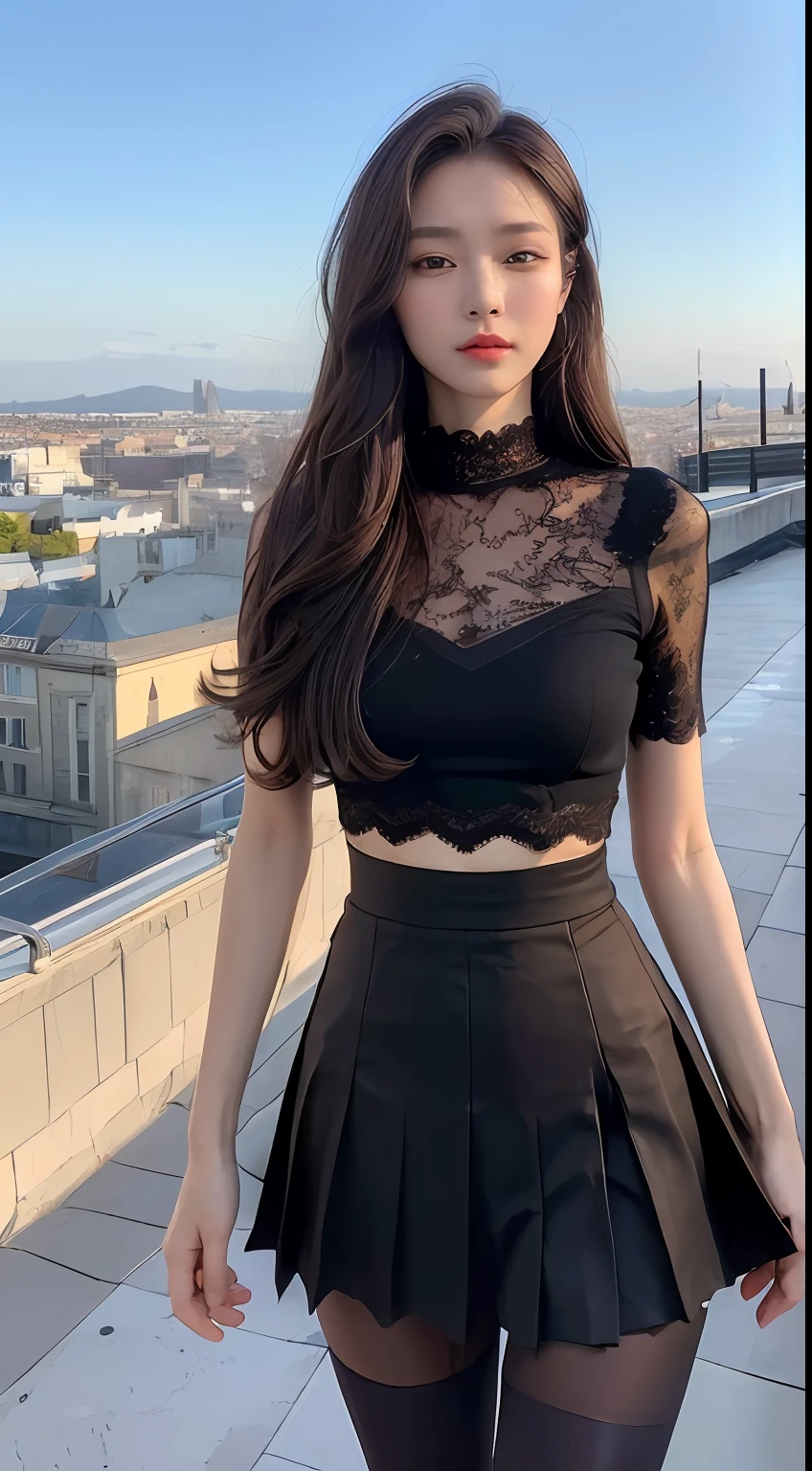 (((Midnight, Premium, 8K, Masterpiece: 1.3)), Full Body, Long Legs, Focal Length: 1.1, (Perfect Body Beauty: 1.4), Slim Abs: 1.1, (((Dark Brown Hair, Big: 1.1)), (Tights: 1.1, Lace Pleated Skirt: 1.1), (((City View, Roof: 1.3)), High Detail Face and Skin Texture, Detail Eyes, Double Eyelids