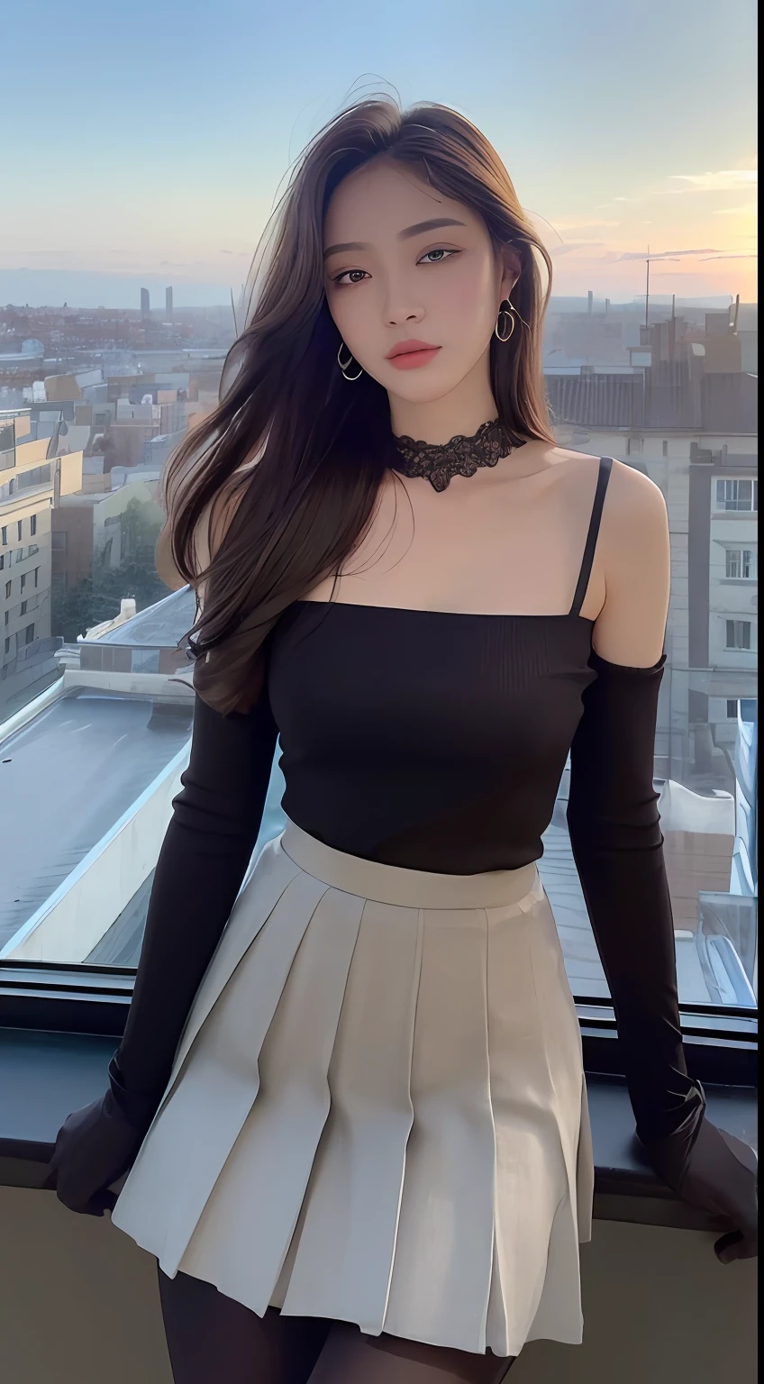 (((Midnight, Premium, 8K, Masterpiece: 1.3)), Full Body, Long Legs, Focal Length: 1.1, (Perfect Body Beauty: 1.4), Slim Abs: 1.1, (((Dark Brown Hair, Big: 1.1)), (Tights: 1.1, Lace Pleated Skirt: 1.1), (((City View, Roof: 1.3)), High Detail Face and Skin Texture, Detail Eyes, Double Eyelids