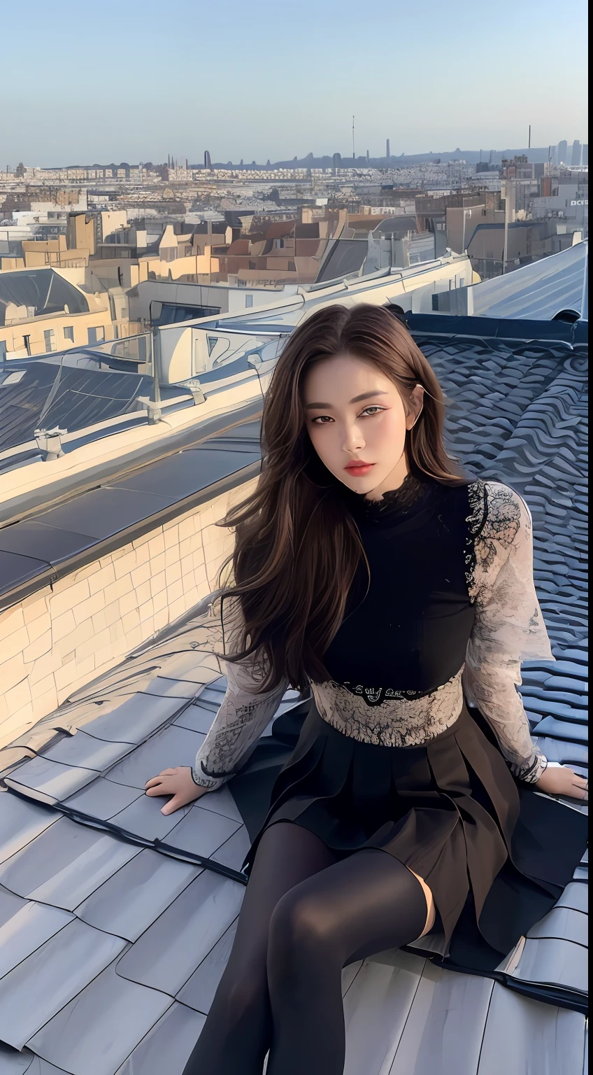 (((Midnight, Premium, 8K, Masterpiece: 1.3)), Full Body, Long Legs, Focal Length: 1.1, (Perfect Body Beauty: 1.4), Slim Abs: 1.1, (((Dark Brown Hair, Big: 1.1)), (Tights: 1.1, Lace Pleated Skirt: 1.1), (((City View, Roof: 1.3)), High Detail Face and Skin Texture, Detail Eyes, Double Eyelids
