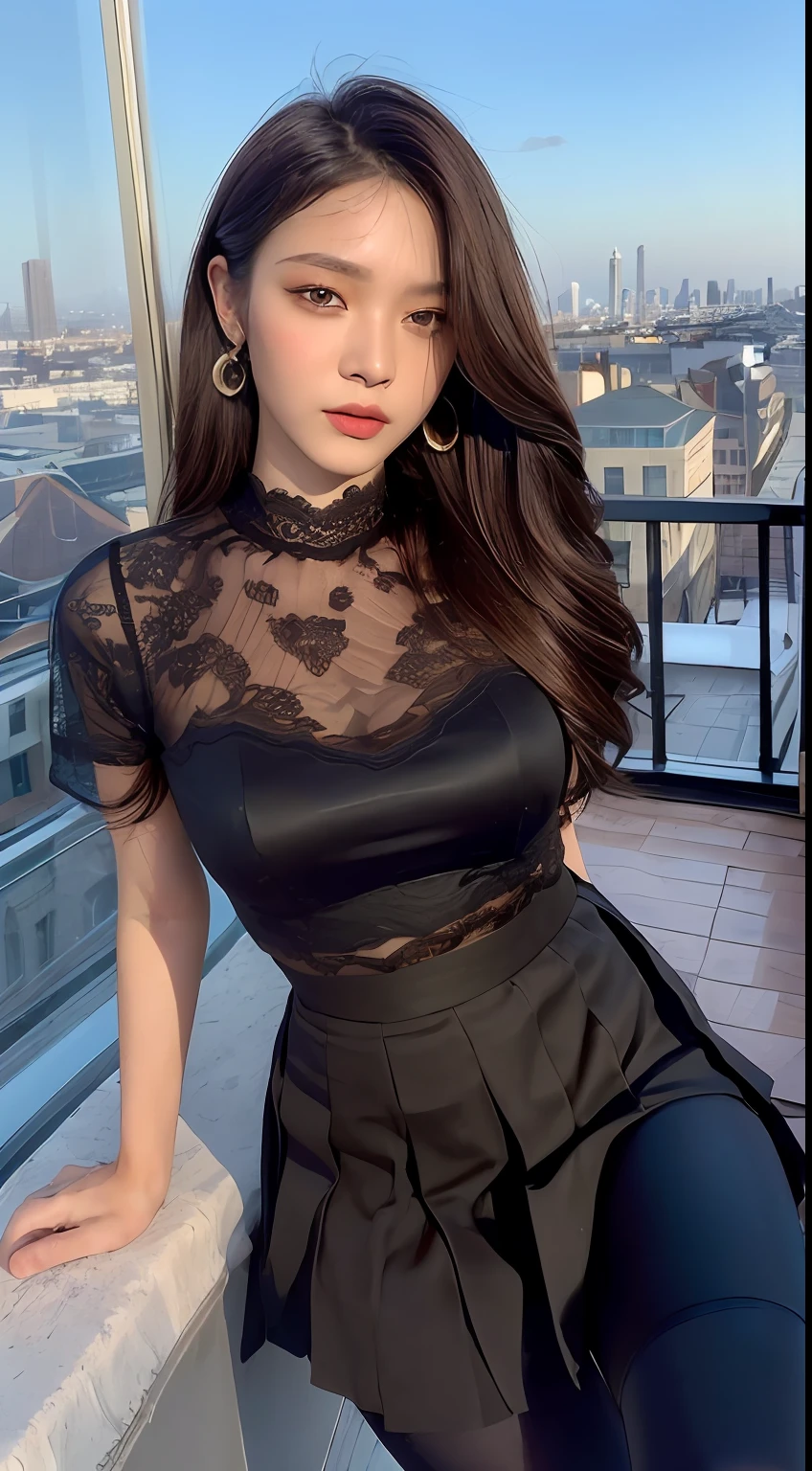 (((Midnight, Premium, 8K, Masterpiece: 1.3)), Full Body, Long Legs, Focal Length: 1.1, (Perfect Body Beauty: 1.4), Slim Abs: 1.1, (((Dark Brown Hair, Big: 1.1)), (Tights: 1.1, Lace Pleated Skirt: 1.1), (((City View, Roof: 1.3)), High Detail Face and Skin Texture, Detail Eyes, Double Eyelids