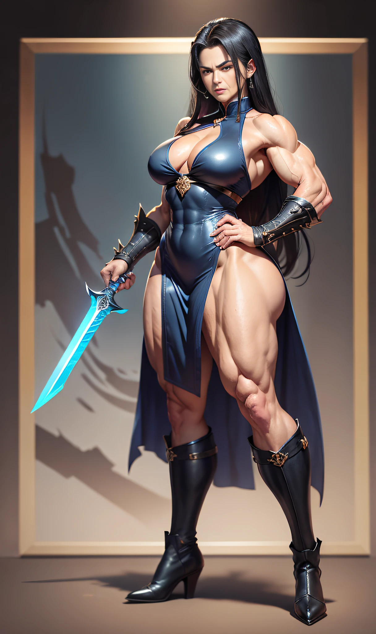 Quality face, 8K, art station, muscular bone, woman, Hercules, full body, height 3m, long legs, thick blood vessels!!、 very thick neck, boasting of monstrous power, large sword, confident expression, chinnon, black hair, thick chest plate, armpit hair!!、 sweat, blue cheongsam, qipao, sleeveless, legs visible through slit, knee-length long boots, black leather long boots, pin heel boots, muscular woman, Muscular raised muscles, protruding muscles, muscular heaving shoulders, split abs, chocolatey abs, muscles!!!、 impossible amounts of muscle