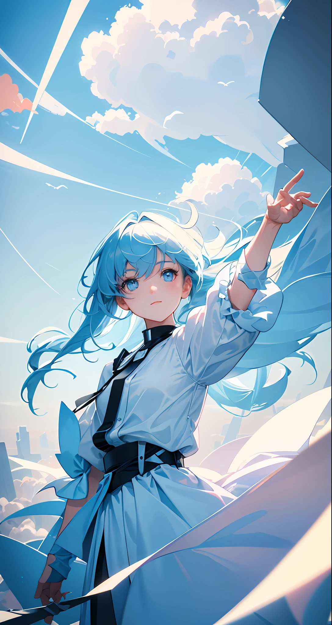masterpiece, best quality, movie still, 1girl, floating in the sky, cloud girl, cloud, (close-up:1.1), bright, happy, fun, soft lighting, (Bauhaus, shapes, lines, abstract:1.1)