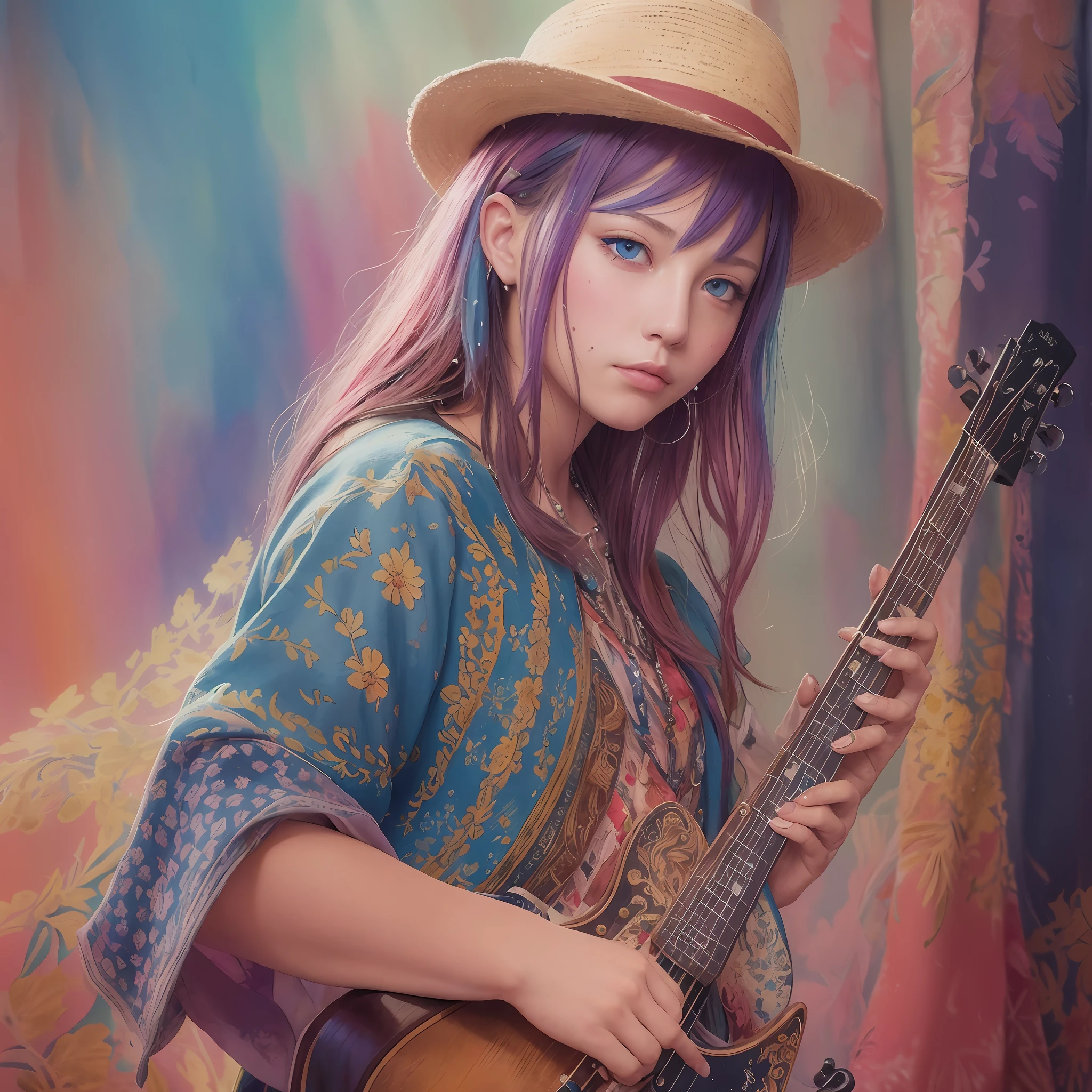 watercolor style, digital art by (musician David Giulmor), official art, frontal, masterpiece, beautiful, ((watercolor)), paint splash, intricate details. Highly detailed and detailed eyes, [drip:0.5], Trending on artstation, by Rachel Walker --auto --s2
