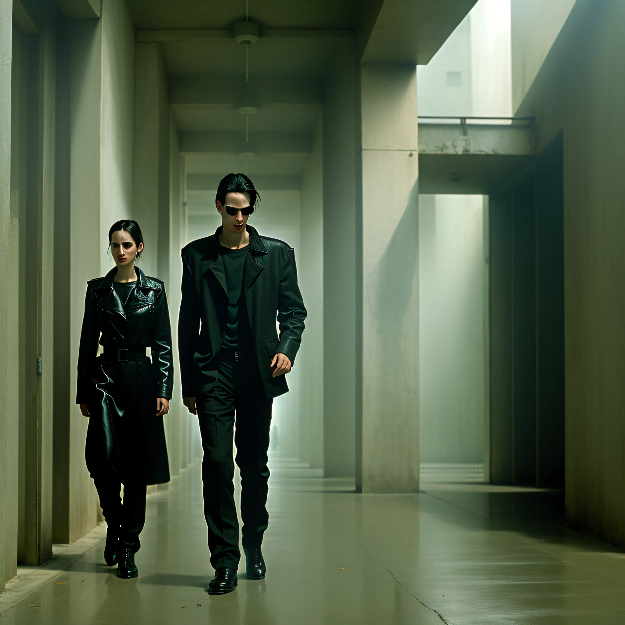 sad young Neo from The Matrix (1999) walking towards camera, (((disdraught))), happy people on background