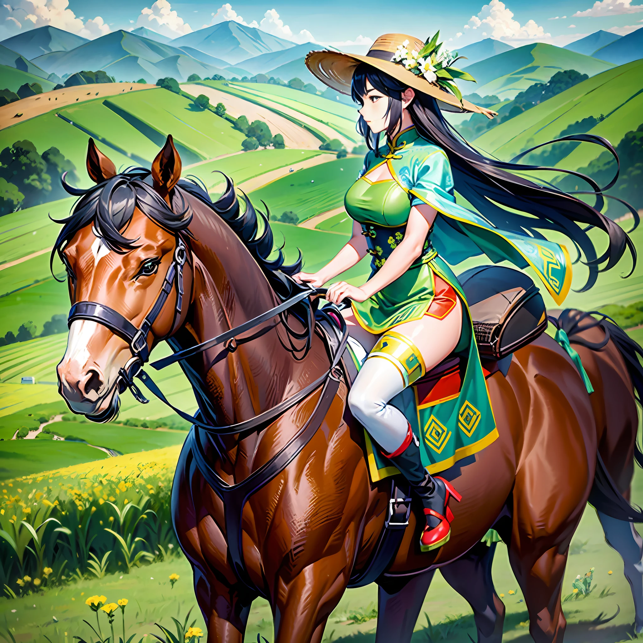 Particularly large grassland distant scene Character vista China Ancient On the grassland Two people A woman A man A man riding a horse A man on foot A woman riding on a horse stretching out her hand to a man Pulling him Ancient dress Up Main grassland scenery Aesthetic grassland Steppe