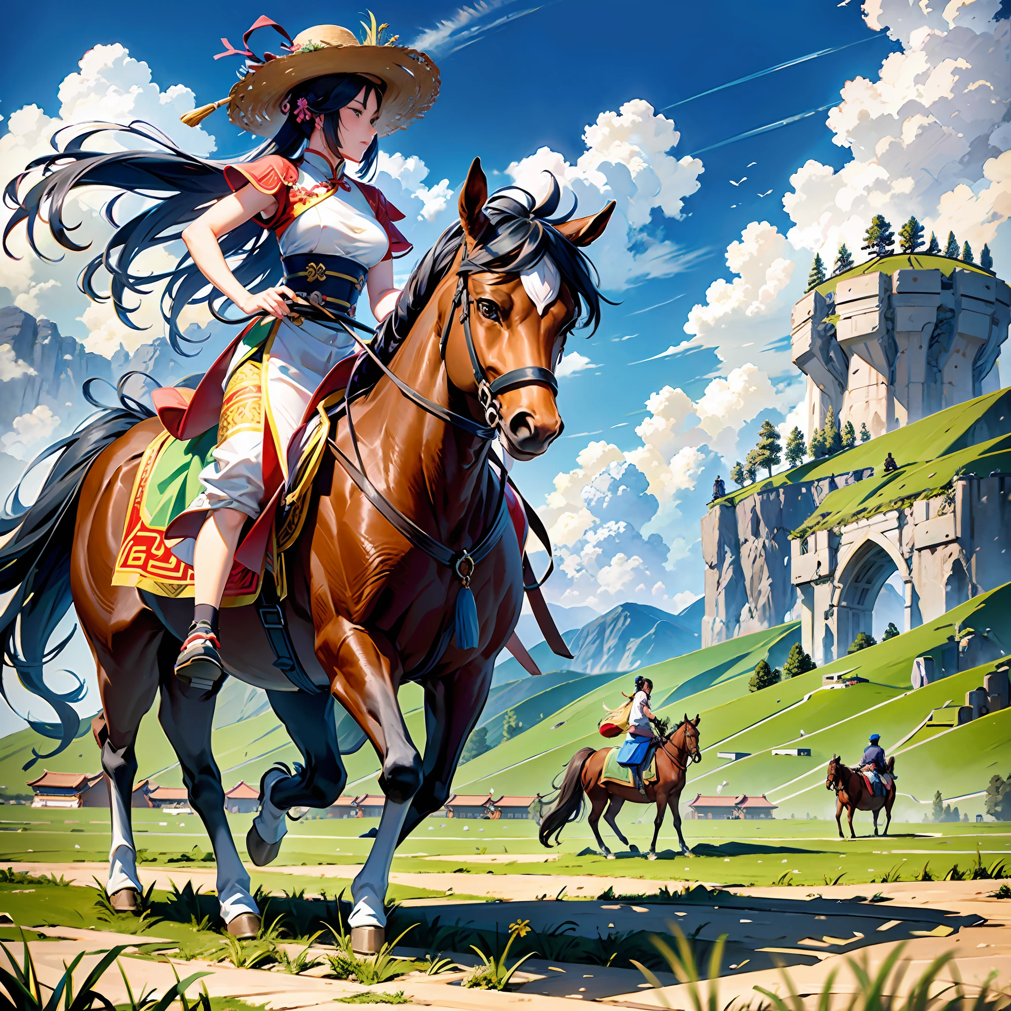 Particularly large grassland distant scene Character vista China Ancient On the grassland Two people A woman A man A man riding a horse A man on foot A woman riding on a horse stretching out her hand to a man Pulling him Ancient dress Up Main grassland scenery Aesthetic grassland Steppe