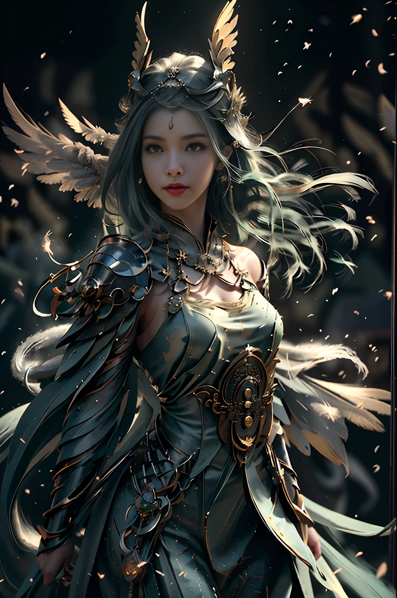 (RAW Photo, Best Quality), (Realistic, Photorealistic Photo: 1.3), Best Quality, Highly Detailed, Masterpiece, Hyper Detail, Illustration, 1 Girl, Big Eyes, Smile, Green Hair, Green Wedding Dress, Feather Headgear, Wielding a Big Sword, upper_body, Dynamic Angle, World Mastery Theater, Flying Long Hair, Fluores cent green, Dynamic fire inbackground, best quality, extremely detailed CG unified 8k wallpaper, ink, amazing, cinematic lighting, lens_flare, wuxia_style