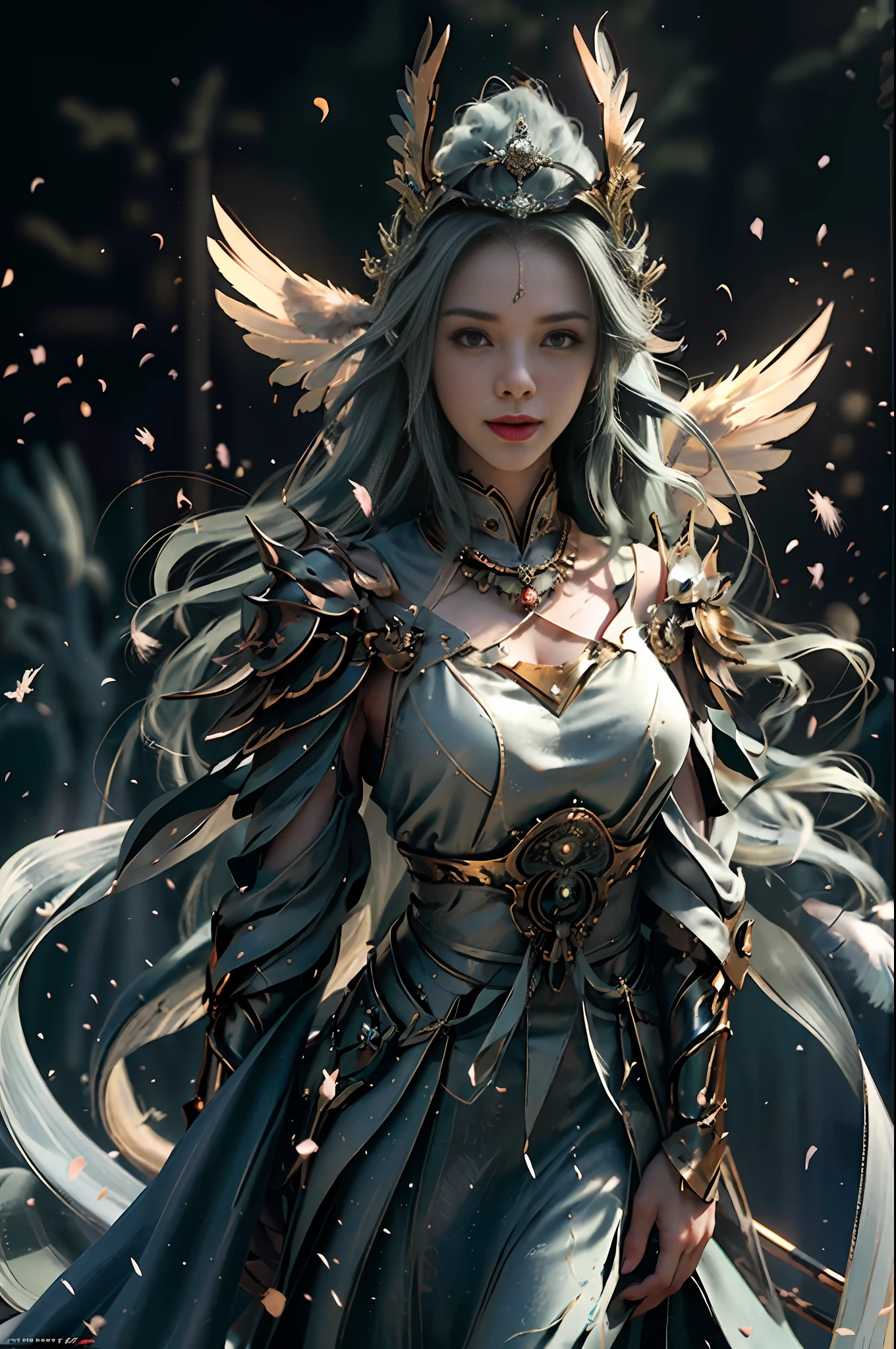 (RAW Photo, Best Quality), (Realistic, Photorealistic Photo: 1.3), Best Quality, Highly Detailed, Masterpiece, Hyper Detail, Illustration, 1 Girl, Big Eyes, Smile, Green Hair, Green Wedding Dress, Feather Headgear, Wielding a Big Sword, upper_body, Dynamic Angle, World Mastery Theater, Flying Long Hair, Fluores cent green, Dynamic fire inbackground, best quality, extremely detailed CG unified 8k wallpaper, ink, amazing, cinematic lighting, lens_flare, wuxia_style
