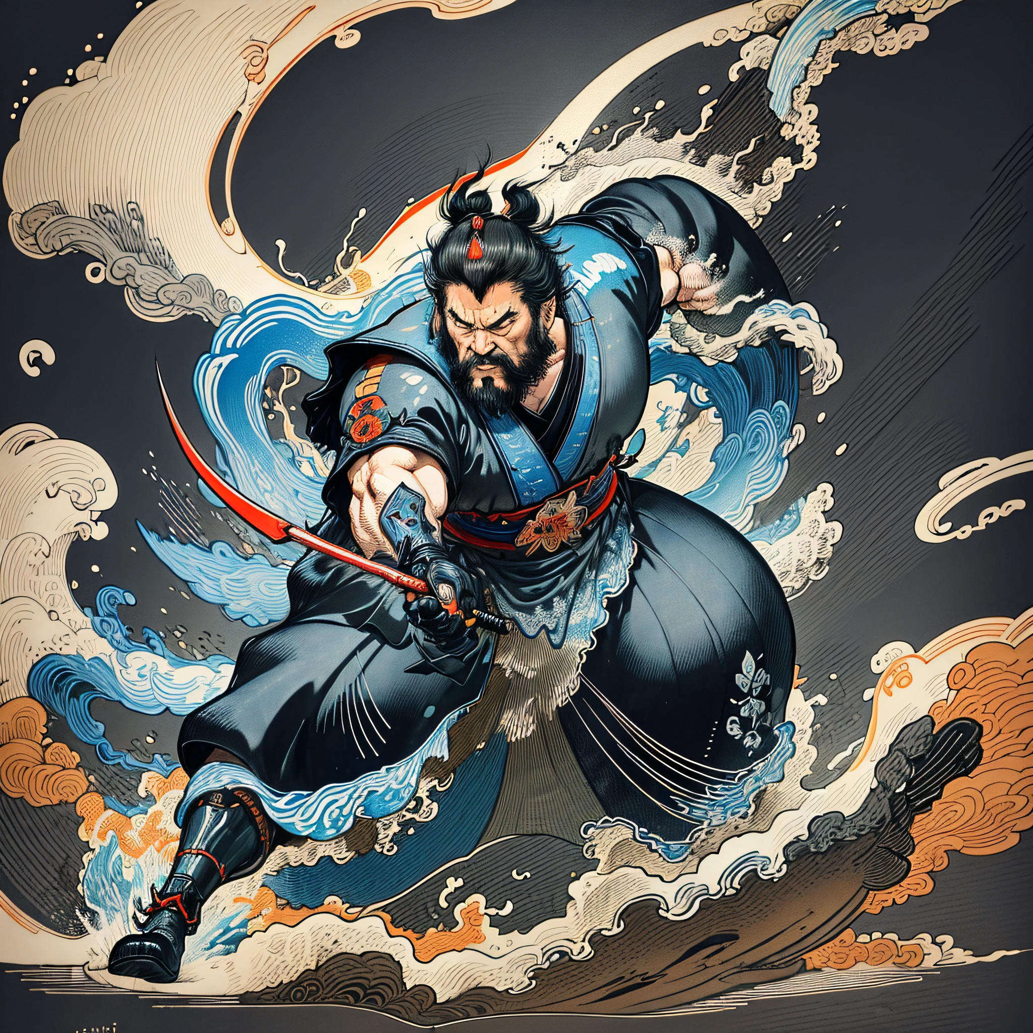 It is a full-body painting with natural colors with Katsushika Hokusai-style line drawings. The appearance of swordsman Miyamoto Musashi fighting with a large body like a strongman. Samurai of Japan. He has a dignified yet manly expression of determination, short black hair, and a short, trimmed beard. His upper body is covered with a black kimono, and his hakama should be knee-length and drawn in a flowing shape that flutters in the wind. He holds a Japan sword in his right hand. In the highest quality, Miyamoto Musashi stands in the midst of high-resolution ukiyo-e-style lightning and swirling flames.