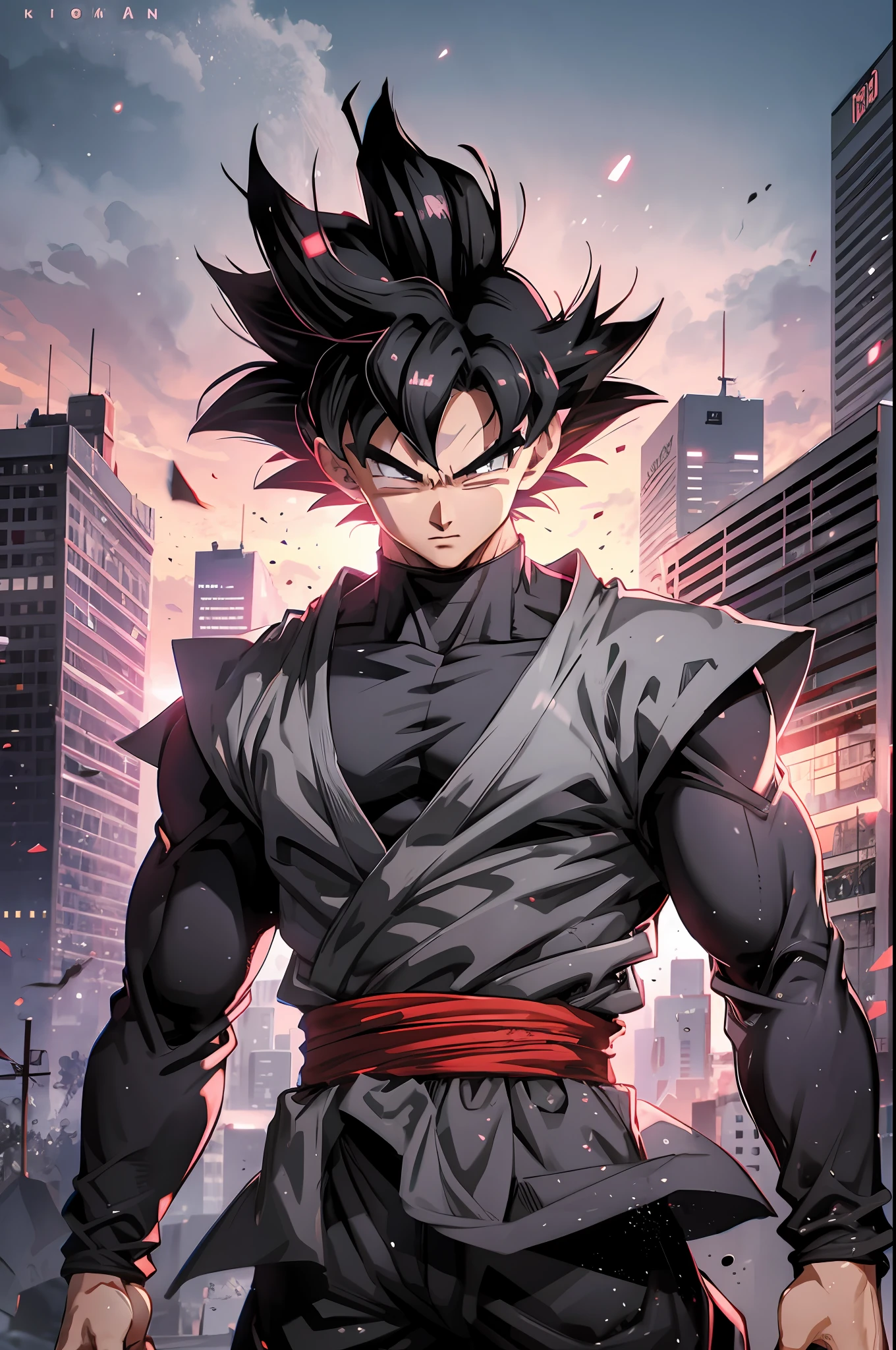 1boy,Goku black,black and red gi,Goku black,black hair,slim,highest quality digital art, Stunning art, wallpaper 4k,8k,64k, HD, unparalleled masterpiece, dynamic lighting, cinematic, epic