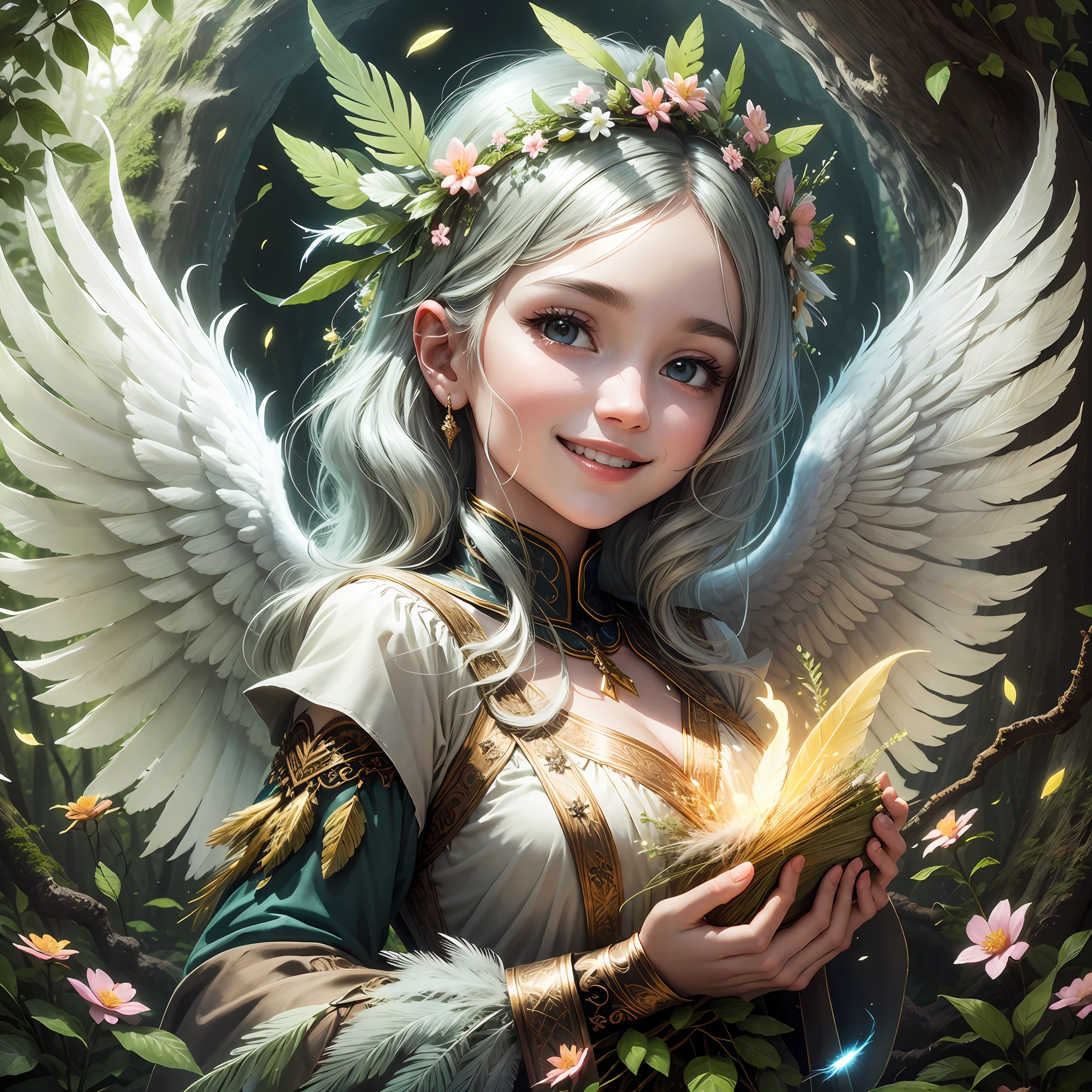 with angel, relief, bright smile, glowing forest, mysterious, spring, light, halo, feather, joy, lassen