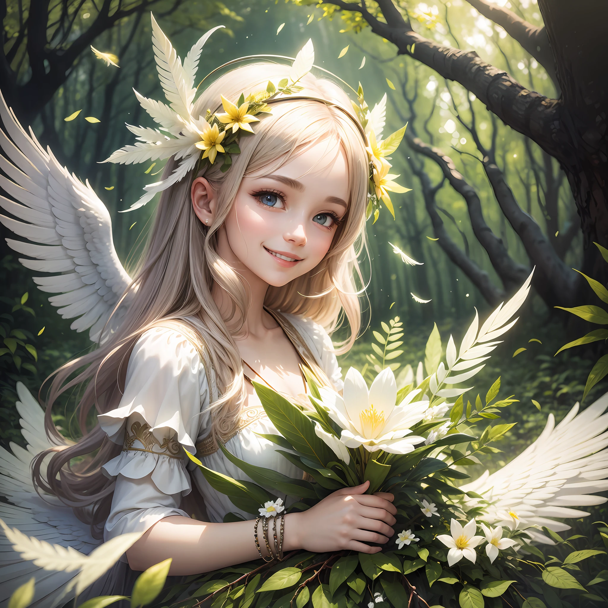 with angel, relief, bright smile, glowing forest, mysterious, spring, light, halo, feather, joy, lassen