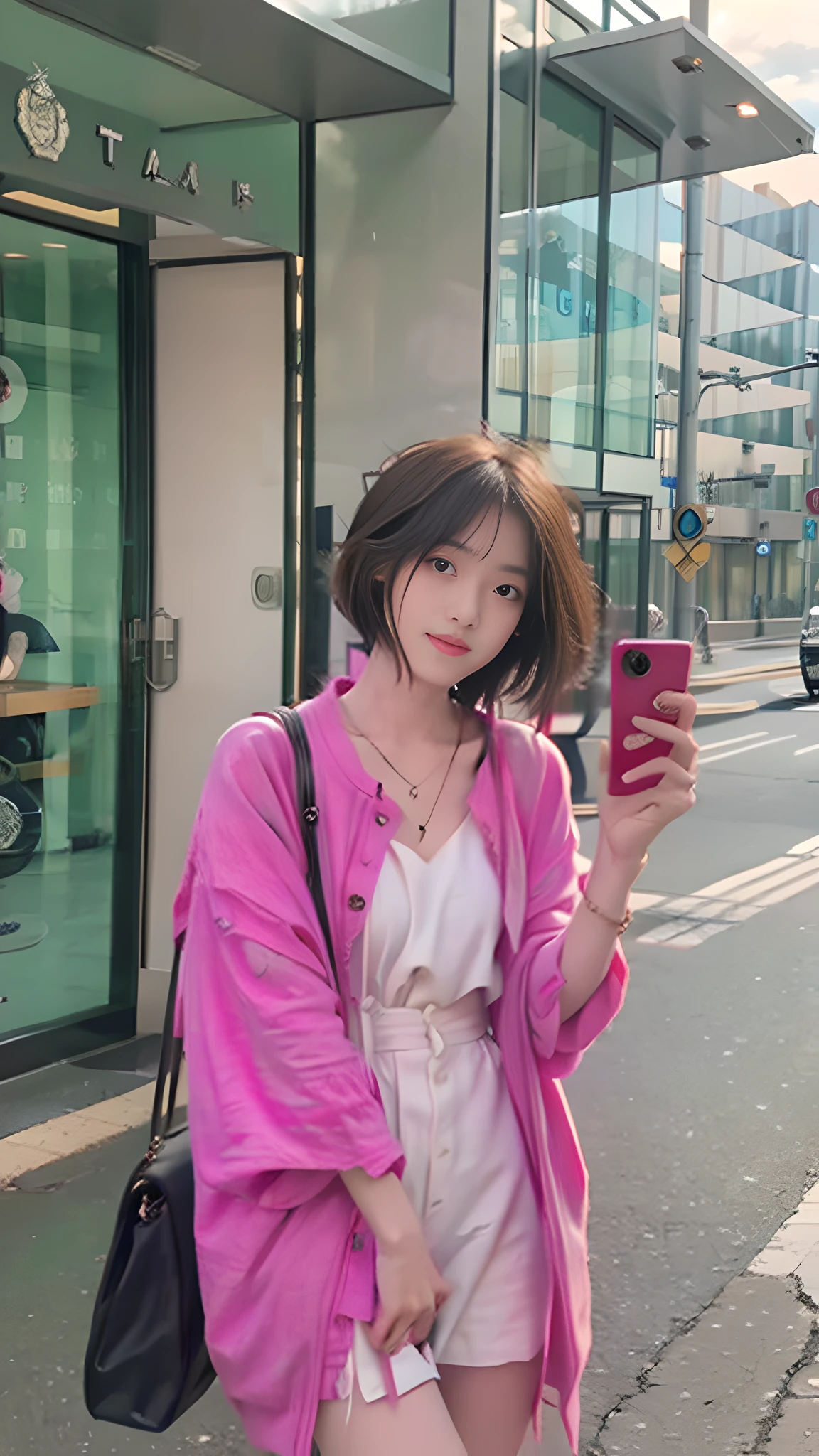 Beautiful woman, fiddling with cell phone in the middle of the street, short clothes