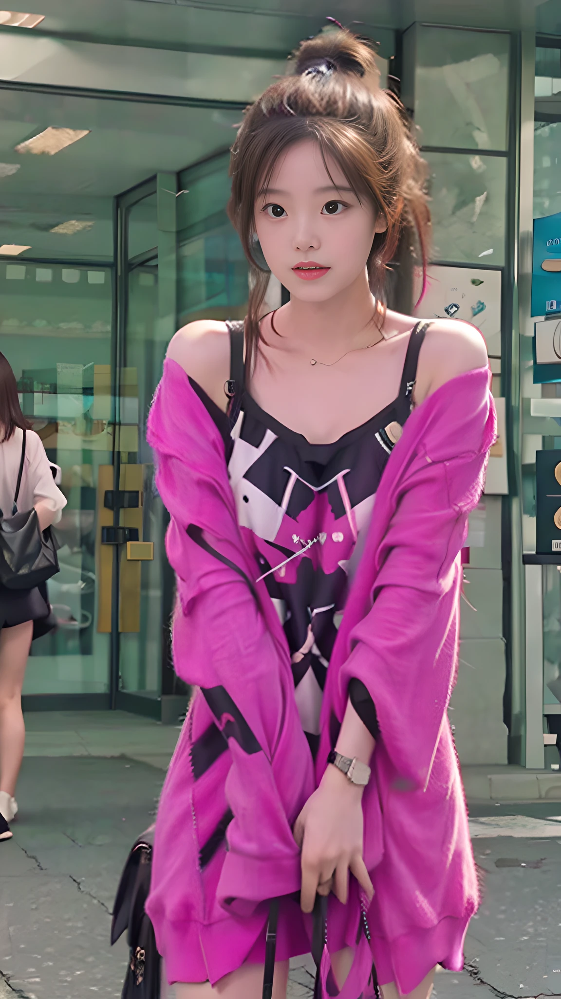 Beautiful woman, fiddling with cell phone in the middle of the street, short clothes