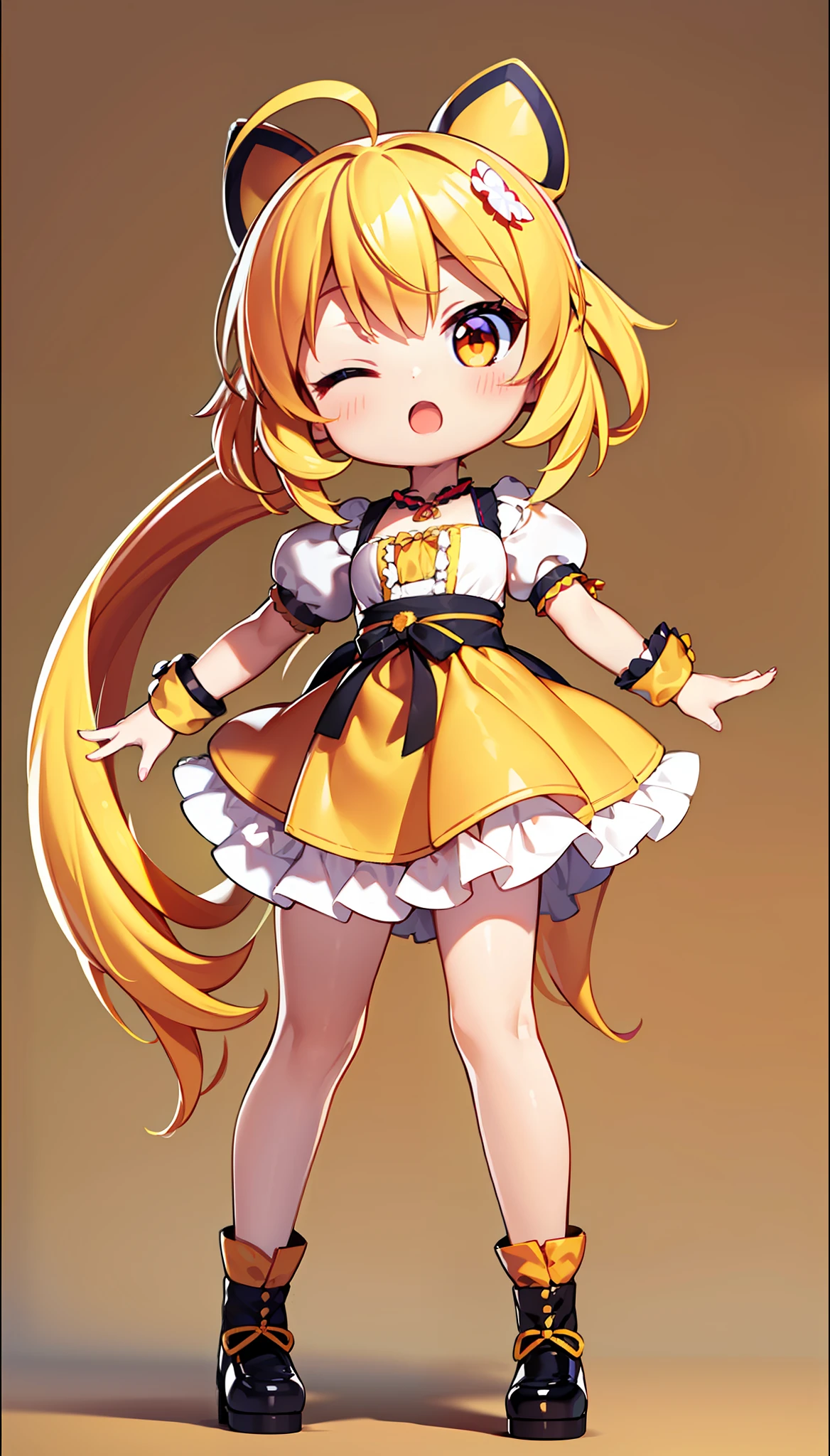 ((best quality, 3D render realistic:1.2, masterpiece)),a very cute and beautiful chibi anime girl, simple flat background, full body, standing, highly detailed face and eyes, clearly outlined, solo, (shiny sun lighting),(sunflower and rainbow ), (dirndl costume),((hyper-deformed face, ;o, one eye closed)), head ornament, (ahoge), (yellow and orange two-tone short twin-tail hair),(full body), look at viewer