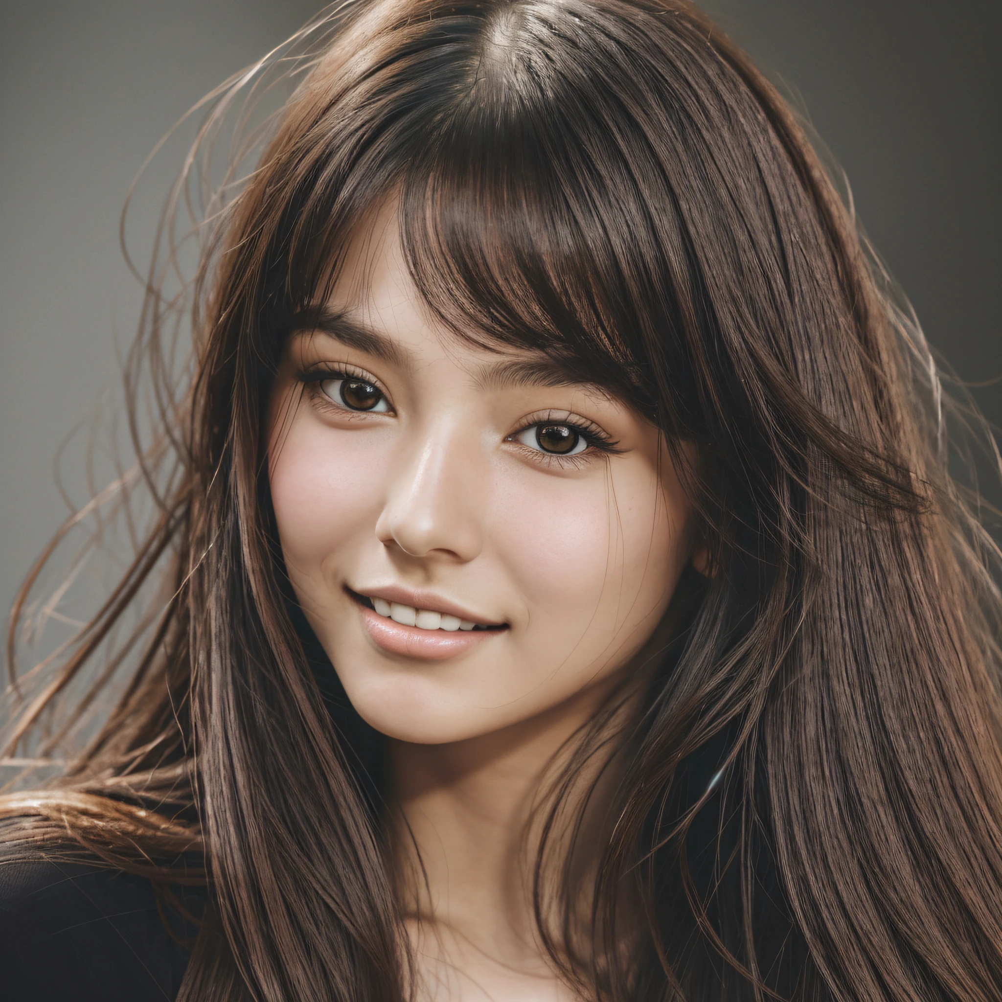 a close up of a woman with long hair, 1girl, mole, portrait, teeth, looking at viewer, brown hair, parted lips, black hair, bangs, long hair, beautiful lighting, deep shadow, ultra highres, close-up, photorealistic, best quality, masterpiece --auto --s2