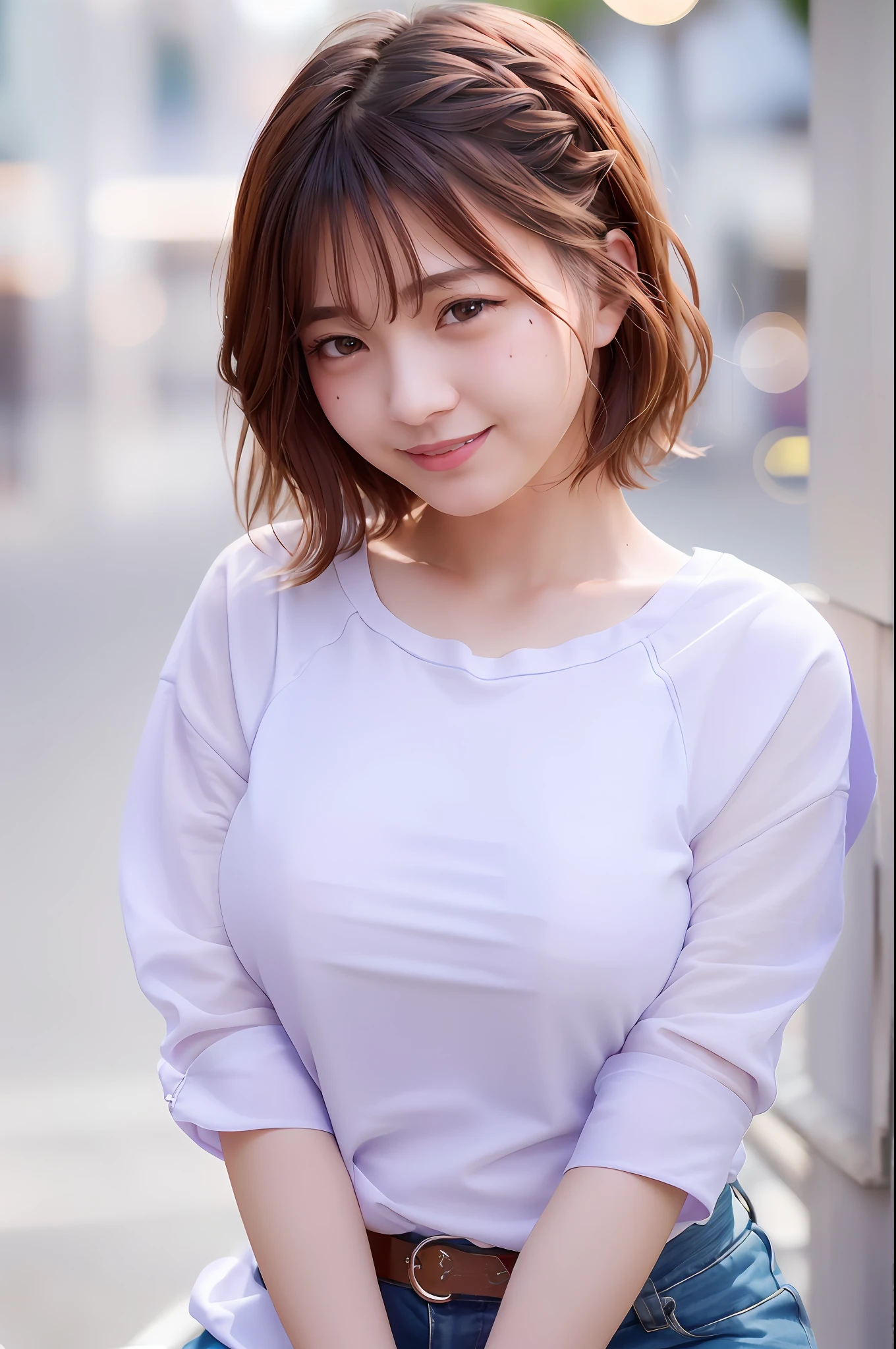 (skin spots: 1.2), (skin dentation), Black eyes, 1 female, 25 years old, ((((Female))), Solo, Real, Best Quality, Photorealistic, Masterpiece, 8K, High Resolution, Solo, Very Detailed Face, (Professional Lighting, Bokeh), (Light Particle, Lens Flare, Luminous Particle: 0.6), (Dynamic Pause: 1.2), Soft Lighting, Top Angle View, fashionable and trendy, Japan, street, urban, Tokyo, Minato, (daytime)), Sky, ((Viewers: 1)), (Watching Camera), (Portrait: 0.6), Gorgeous, Standing, Keep the original facial proportions, Wide shoulders, Full body, (Huge breasts), ((Huge breasts)), (Short hair), Brown hair, Floating hair, Braided hair, Lips, Lipstick, Seductive smile, Floating hair, braided hair, smile, open_mouth, teeth, ((((T-shirt)))), ((((camisole))), (coordinated), eyelashes, moles, (moles under the eyes: 1),