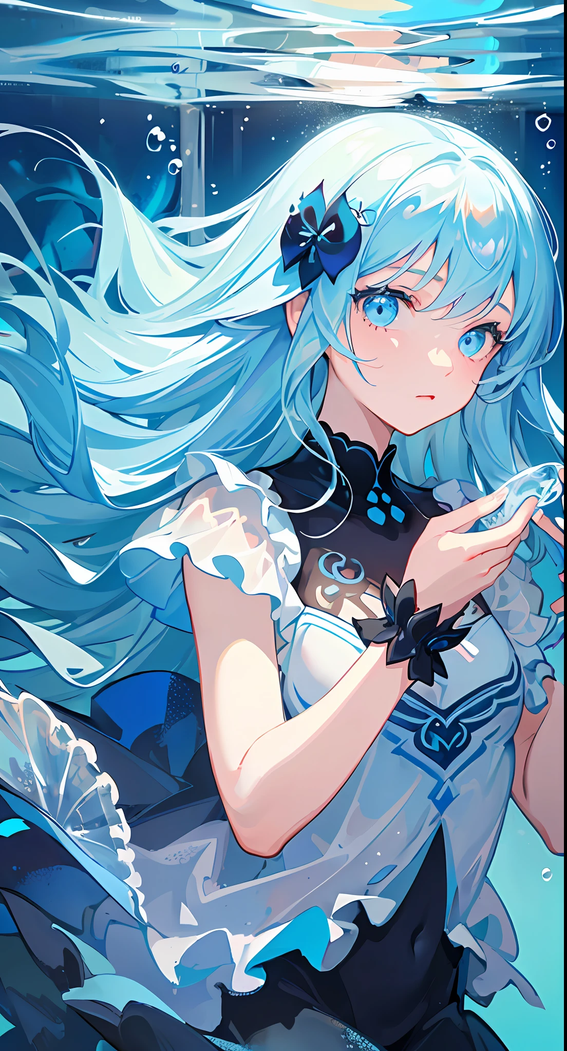 ((masterpiece,best quality)),(negative space:1.2),(1girl, solo:1.4),beautiful detailed eyes,floating hair, underwater, bubble, fish, (jellyfish), fluorescence,sea turtle, seaweed,