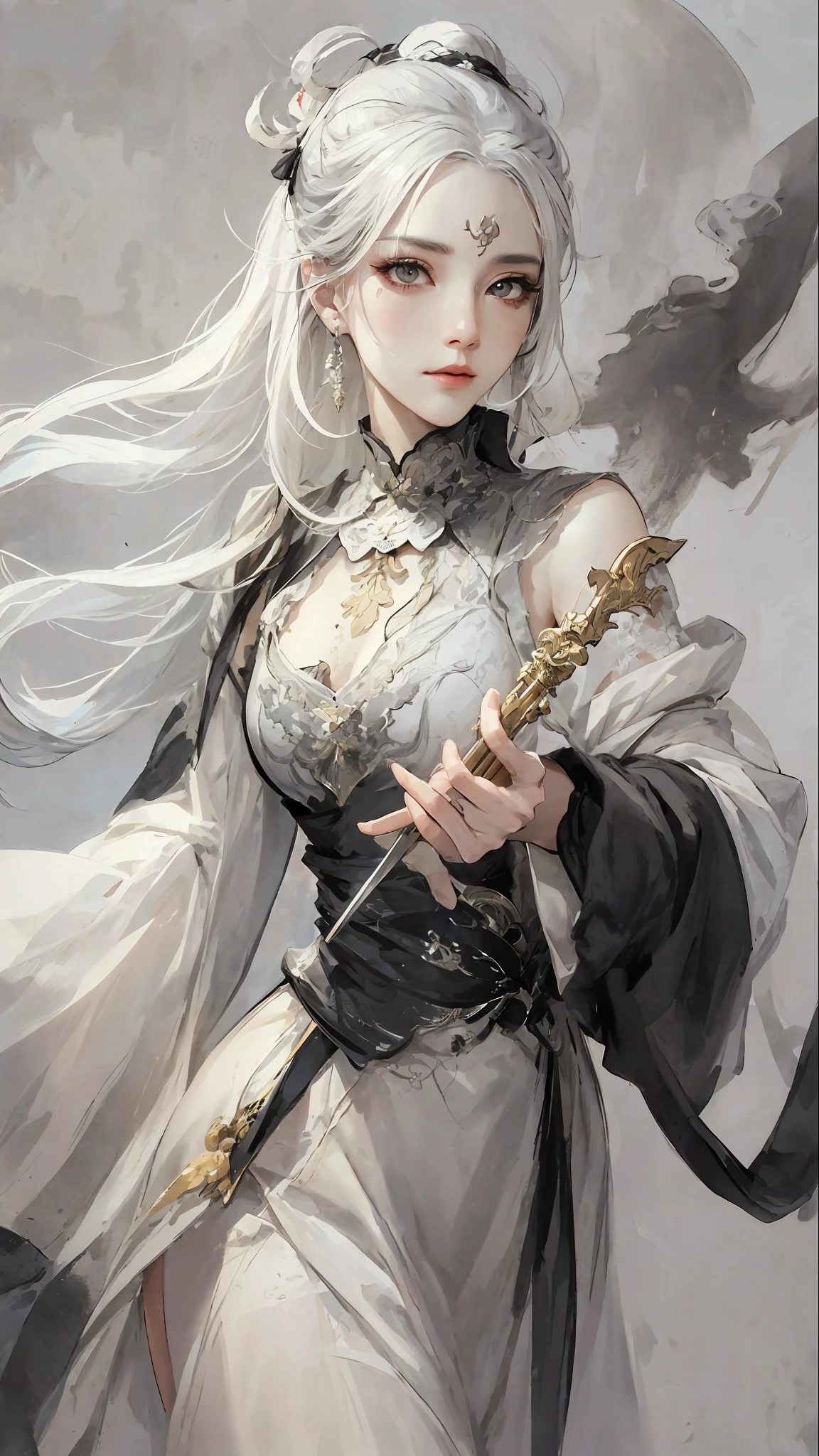 Close-up of a woman with white hair and white mask, beautiful character painting, costume black and white ink style, face delicate color, watercolor, light color, martial arts style, national style, detailed beautiful face, waist seal, sharp eyes