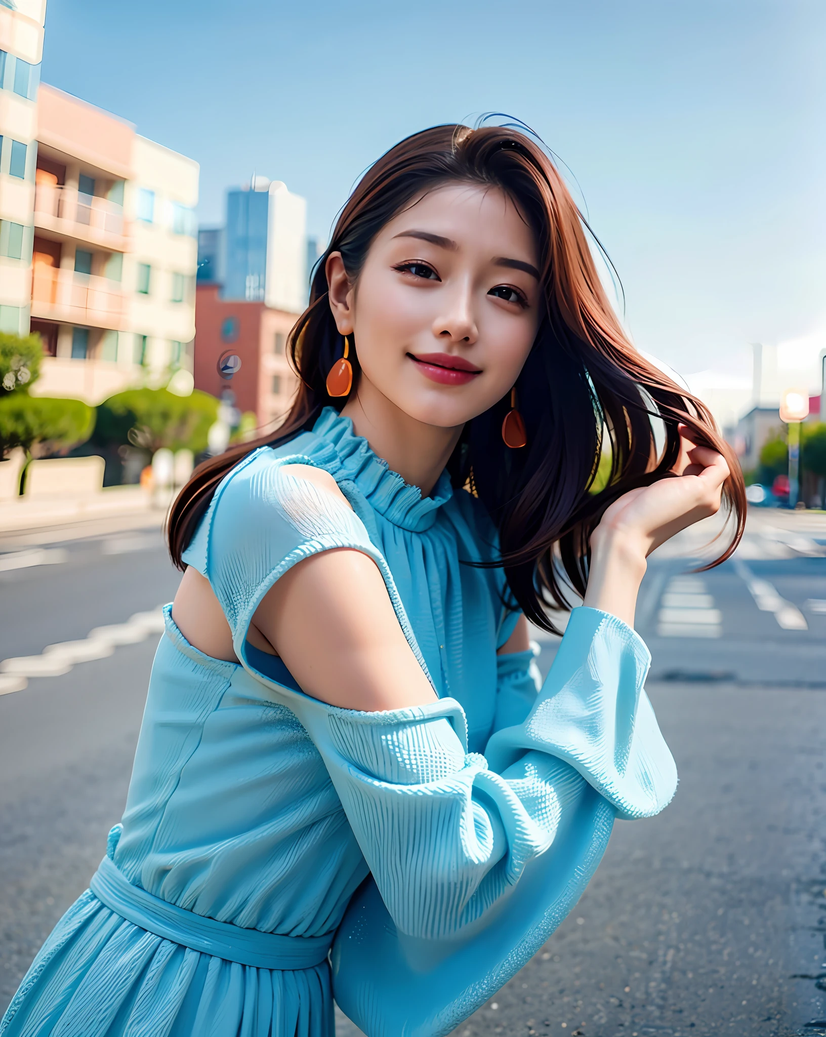 (Masterpiece: 1.5), Woman posing on European street corner in bright orange dress, top quality, high resolution, 8k, style outstanding woman 1 person, smile, (flat chest: 1.2), daytime, bright, outdoor, (street: 0.3), (people, crowd: 1), (lace) -trimmed dress: 1.5, light orange dress: 1.5, orange high neck dress: 1.5, ( One Shoulder Dress: 1.2, Orange Dress: 1.5), Gorgeous, (Medium Hair), Beautiful Detailed Sky, Beautiful Earrings, (Dynamic Pose: 0.8), (Upper Body: 1.2), Soft Lighting, Wind, Glossy Skin, (Looking Up at the Sky: 1.5), (Photorealistic Photos: 1.3), Natural Light, (High Detail Skin: 1.2), 8K UHD, DSLR, High Quality, high-resolution, 4K, 8K,