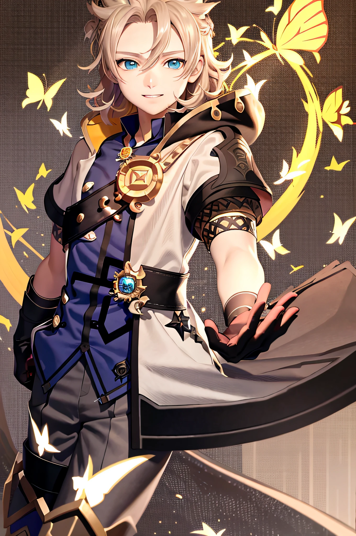 albedo, (genshin impact), 1boy, male focus, gloves, solo, blue shirt, blue eyes, butterfly, shirt, open mouth, black gloves, smile, short sleeves,bangs,albedo (genshin impact), 1boy, male focus, gloves, solo, blue shirt, blue eyes, butterfly, shirt, open mouth, black gloves, smile, short sleeves, bangs,1080p,