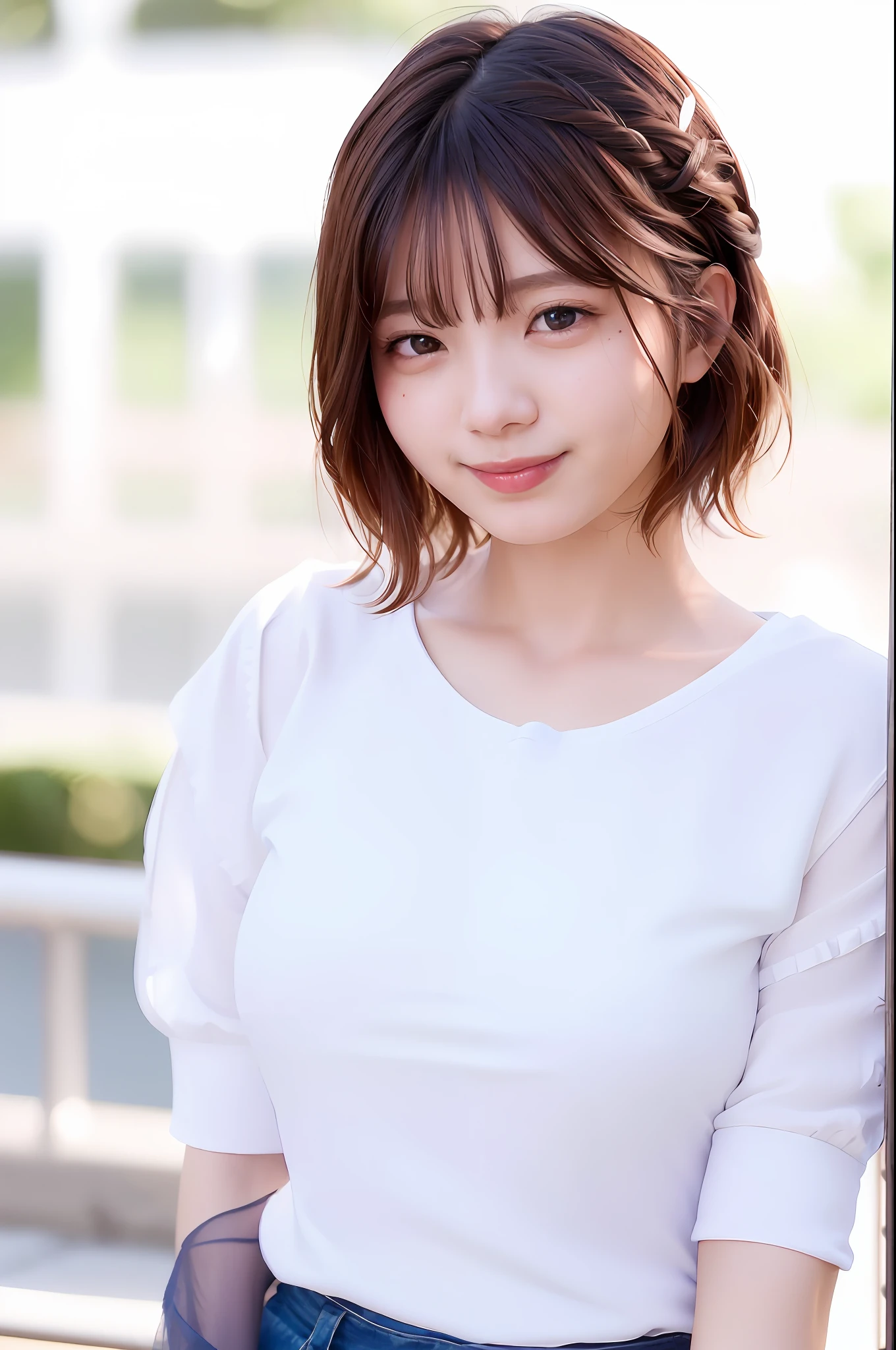 (skin spots: 1.2), (skin dentation), Black eyes, 1 female, 25 years old, ((((Female))), Solo, Real, Best Quality, Photorealistic, Masterpiece, 8K, High Resolution, Solo, Very Detailed Face, (Professional Lighting, Bokeh), (Light Particle, Lens Flare, Luminous Particle: 0.6), (Dynamic Pause: 1.2), Soft Lighting, Top Angle View, fashionable and trendy, Japan, street, urban, Tokyo, Minato, (daytime)), Sky, ((Viewers: 1)), (Watching Camera), (Portrait: 0.6), Gorgeous, Standing, Keep the original facial proportions, Wide shoulders, Full body, (Huge breasts), ((Huge breasts)), (Short hair), Brown hair, Floating hair, Braided hair, Lips, Lipstick, Seductive smile, Floating hair, braided hair, smile, open_mouth, teeth, ((Layered a camisole over a white shirt))), (((White T-shirt))), eyelashes, moles, (moles under the eyes: 1),