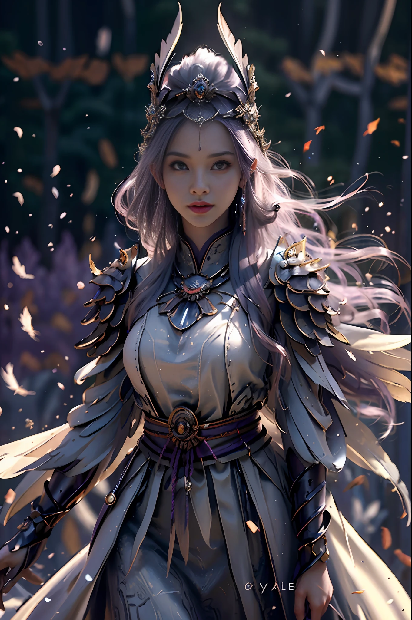 (RAW Photo, Best Quality), (Realistic, Photorealistic Photo: 1.3), Best Quality, Highly Detailed, Masterpiece, Hyper Detail, Illustration, 1 Girl, Big Eyes, Smile, Purple Hair, Purple Wedding Dress, Feather Headgear, Wielding a Big Sword, upper_body, Dynamic Angle, World Mastery Theatre, Flying Long Hair, Fluores Cent Puple, Dynamic Fire inbackground, best quality, extremely detailed CG unified 8k wallpaper, ink, amazing, cinematic lighting, lens_flare, wuxia_style