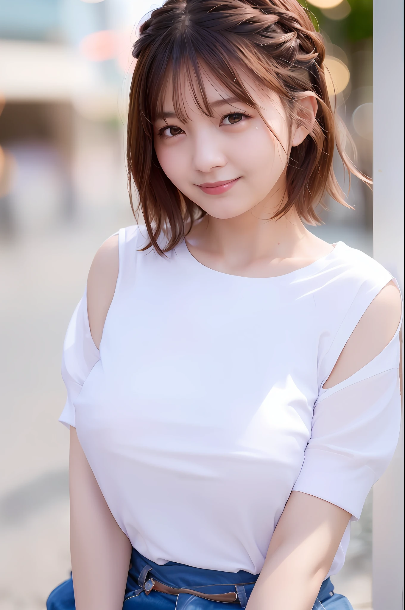 (skin spots: 1.2), (skin dentation), Black eyes, 1 female, 25 years old, ((((Female))), Solo, Real, Best Quality, Photorealistic, Masterpiece, 8K, High Resolution, Solo, Very Detailed Face, (Professional Lighting, Bokeh), (Light Particle, Lens Flare, Luminous Particle: 0.6), (Dynamic Pause: 1.2), Soft Lighting, Top Angle View, fashionable and trendy, Japan, street, urban, Tokyo, Minato, (daytime)), Sky, ((Viewers: 1)), (Watching Camera), (Portrait: 0.6), Gorgeous, Standing, Keep the original facial proportions, Wide shoulders, Full body, (Huge breasts), ((Huge breasts)), (Short hair), Brown hair, Floating hair, Braided hair, Lips, Lipstick, Seductive smile, Floating hair, braided hair, smile, open_mouth, teeth, ((Layered a camisole over a white shirt))), (((White T-shirt))), eyelashes, moles, (moles under the eyes: 1),