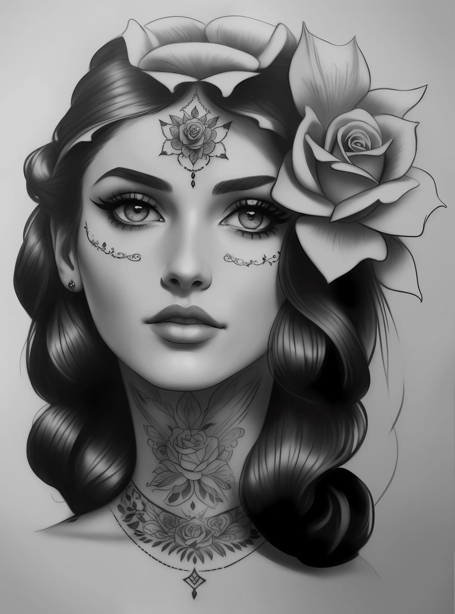 a drawing of a woman with a rose in her hair, gypsy, realism tattoo drawing, neotraditional tattoos, detailed woman, traditional ink!, extremely detailed woman, arte lowbrow style, realism tattoo sketch, detailed feminine face, sketch art, a stunning portrait of a goddess, traditional tattoo, lobotomy of a beautiful woman, tattoo sketch, great detailed face
