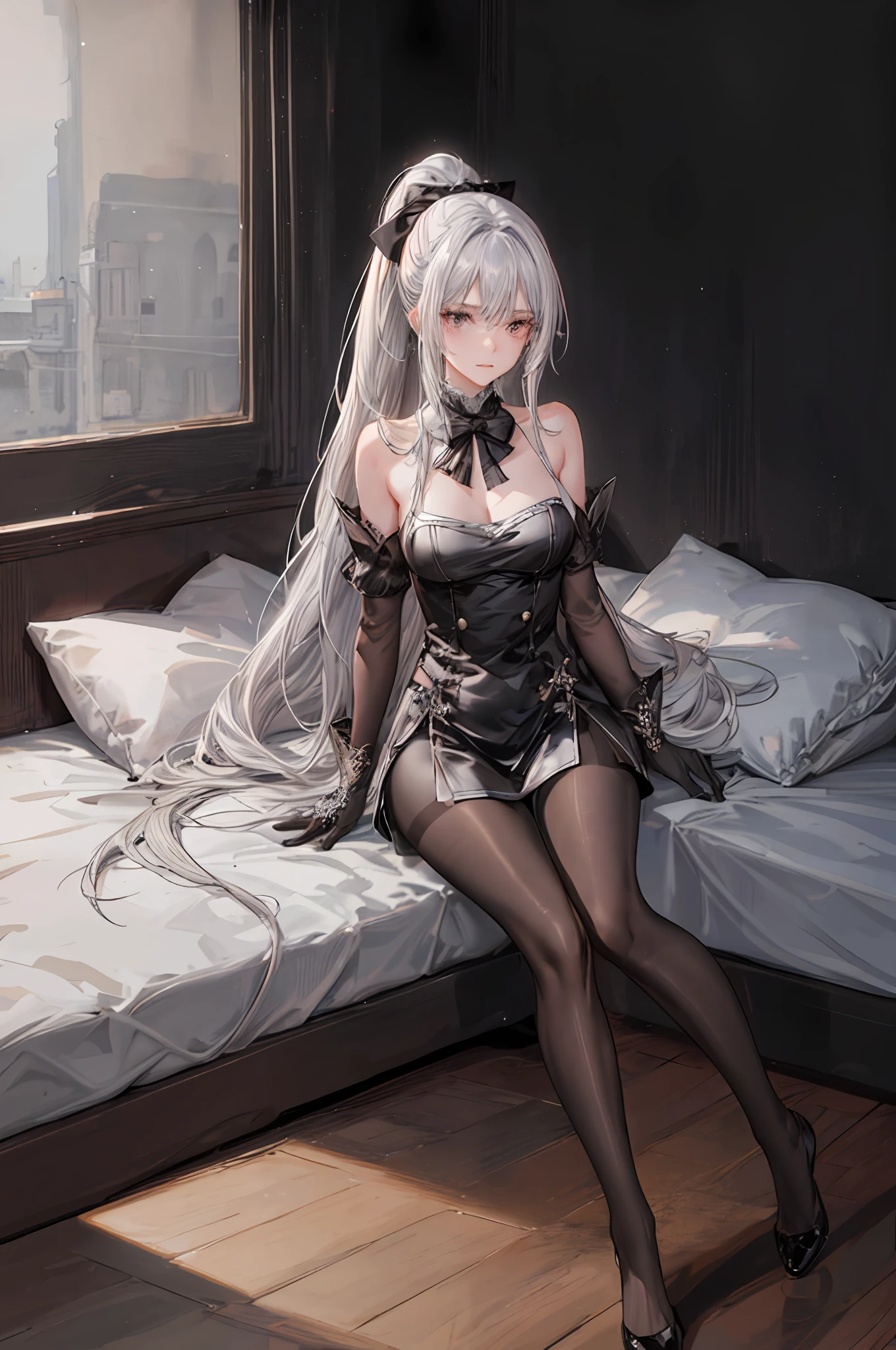 girl)), ray tracing, (dim lighting), [detailed background (bedroom)), ((silver hair)), ((silver hair)), (silver hair), (fluffy silver hair, plump and slender girl)) with high ponytail)))) avoiding blonde eyes in the ominous bedroom (((girl wearing intricately embroidered black high-waisted pants with pantyhose) and white ruffled bow gloves), showing a delicate slim figure and graceful curves, correct limbs, sitting on the bed